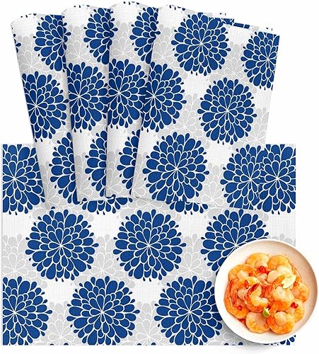 Juego de 4 manteles individuales de flores azules, manteles individuales de PVC lavables, manteles individuales de vinilo tejido gris con hortensias