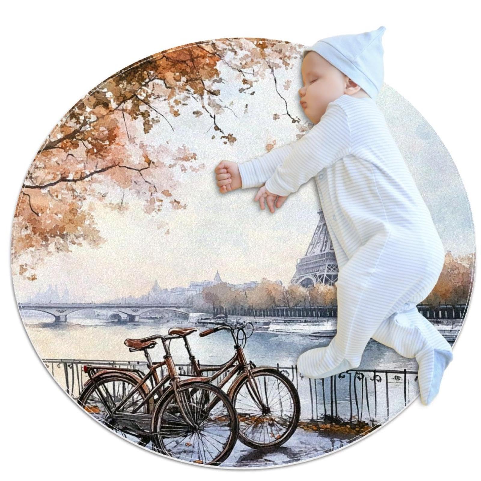 Tapis Tour Eiffel et bicyclettes rond 1m pour protéger les sols froids