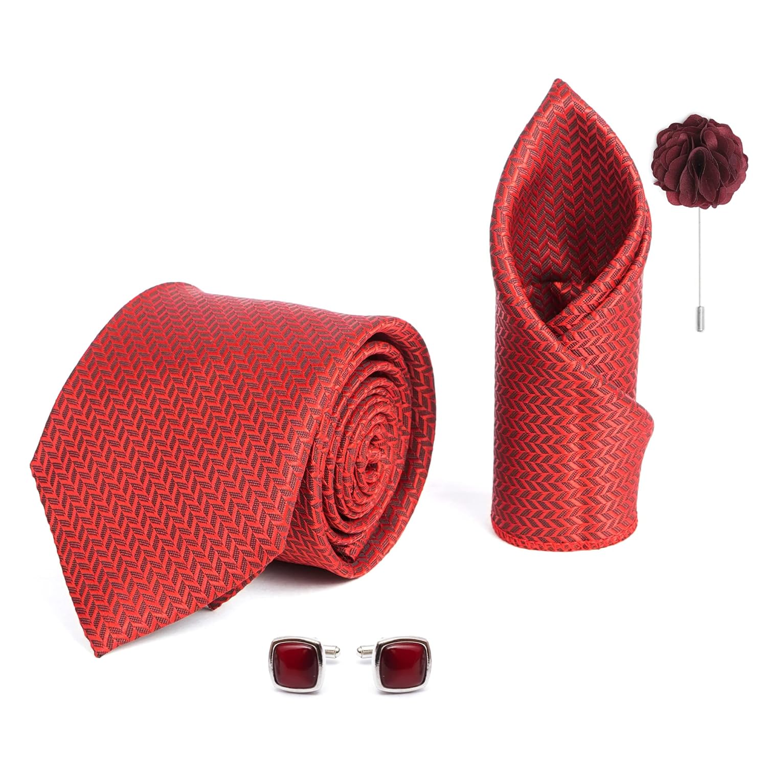 RIZORO Mens Plaid Micro Self Silk Necktie Gift Set With Pocket Square Cufflinks & Brooch Pin Formal Tie With Leatherite Box (SIDIRX Free Size) | (Leather Gift Box) (Pack of 4)
