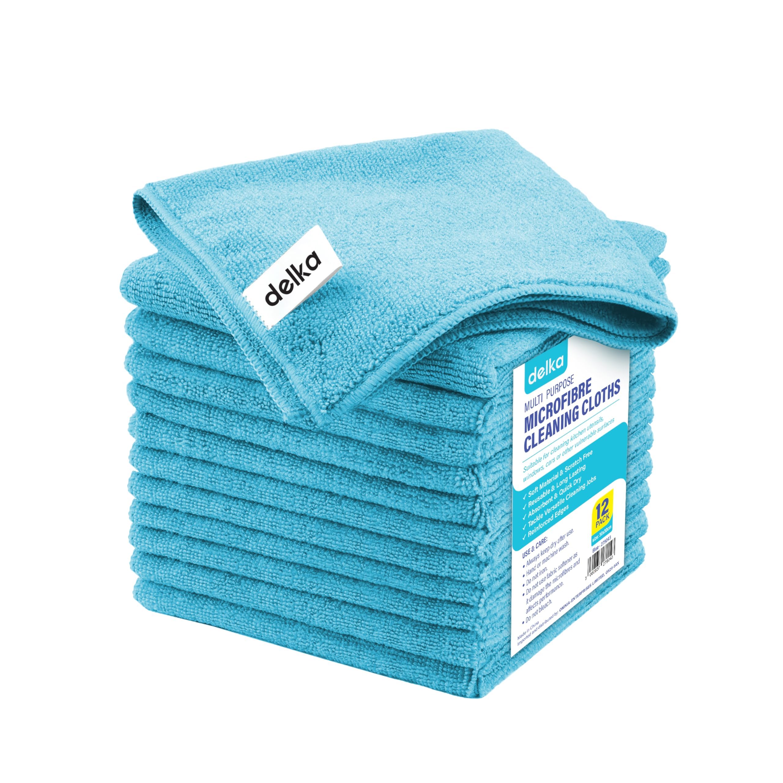 delka Microfibre Cleaning Cloths –Multi-Purpose, Ultra Soft & Lint-Free –Reusable, Streak-Free for Kitchen, Car, Glass, Windows & Electronics (Blue)