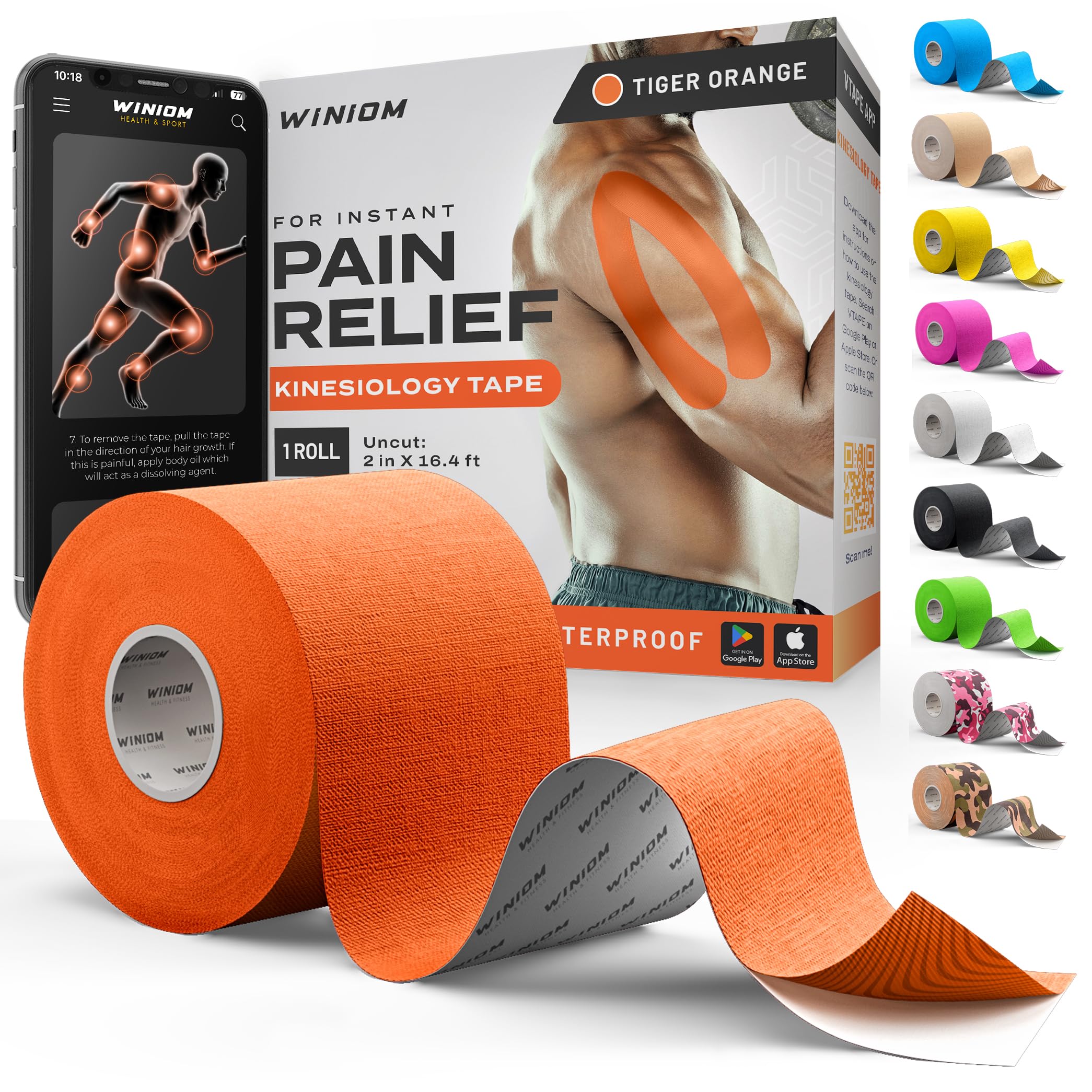 Kinesiology Tape - Waterproof Athletic Sports Tape for Knee, Shoulder, Arm &amp; Back Support | 3-5 Day Adhesion, Hypoallergenic &amp; Latex-Free + Taping Guide (Uncut, 2"x16.4ft Roll, Tiger Orange)