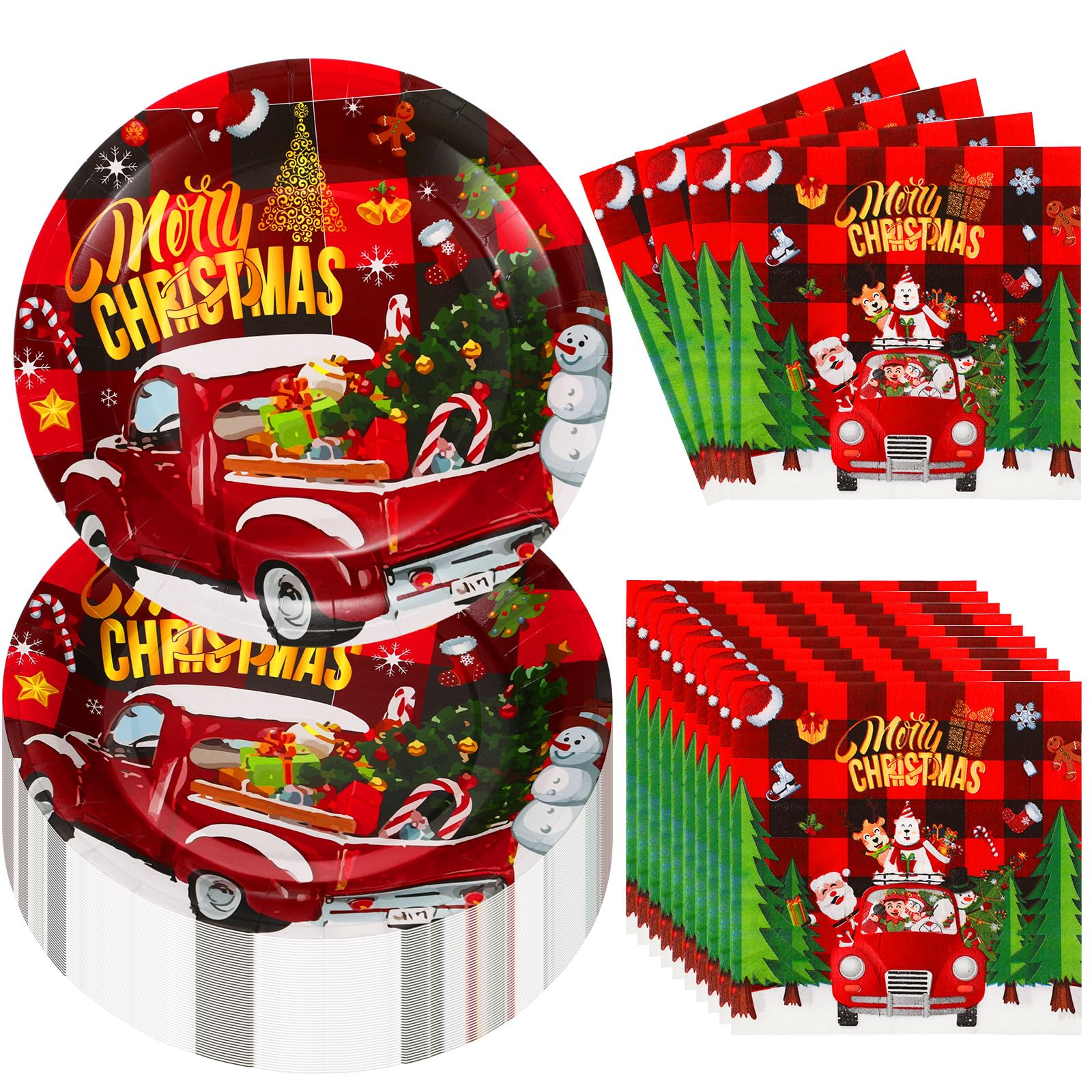 100 Pcs Christmas Party Supplies Disposable Plates Napkins Set Christmas Tableware Set Dinner Lunch Dessert Appetizer Decoration Christmas Party Serves 50 (Car)