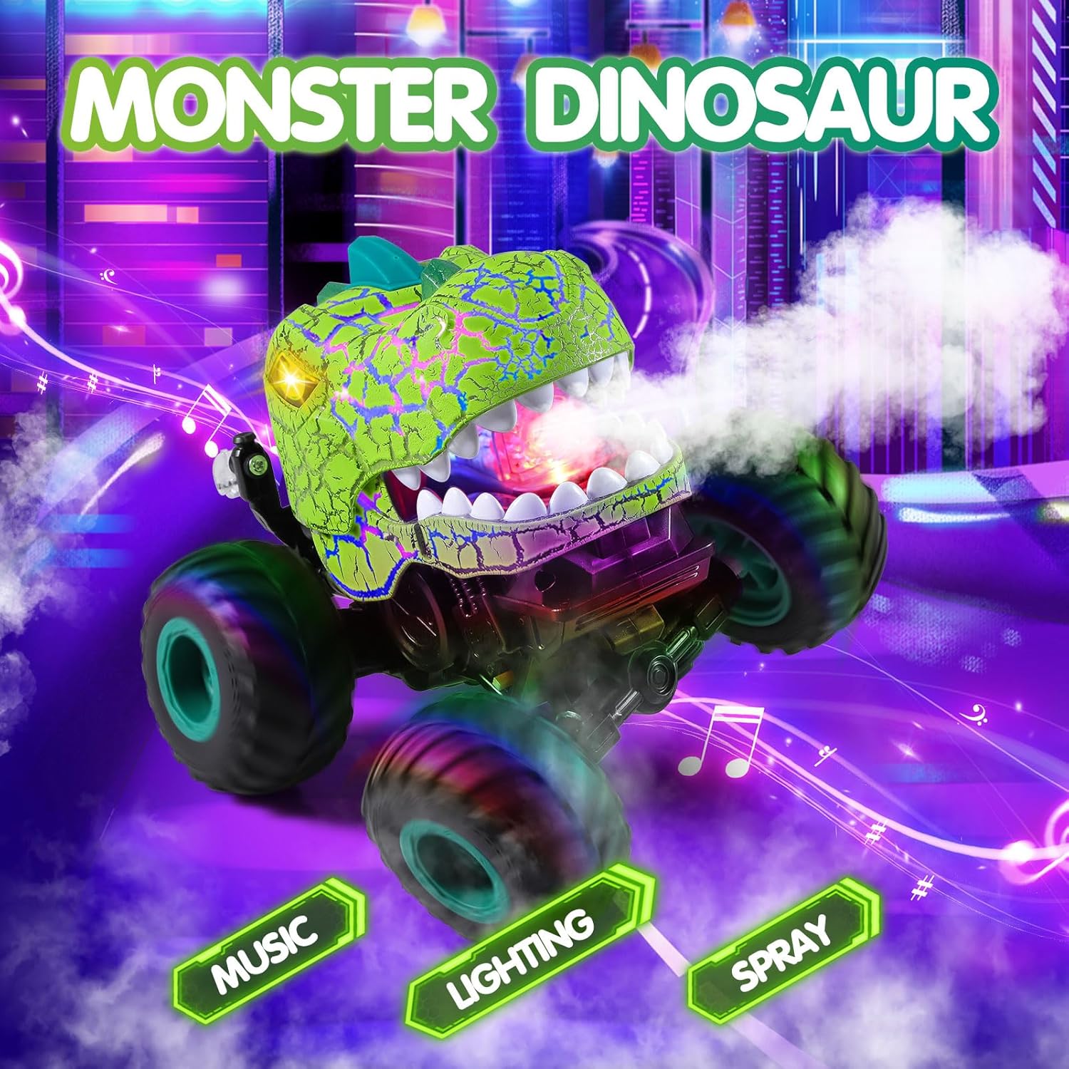 DYODYORC Remote Control Car, 2.4Ghz All Terrain Dinosaur Monster Truck Toys, RC Truck with Spay, Music, 3 Lighting Effects, Stunt Capable, Toy Gifts for Boys and Girls (Green)