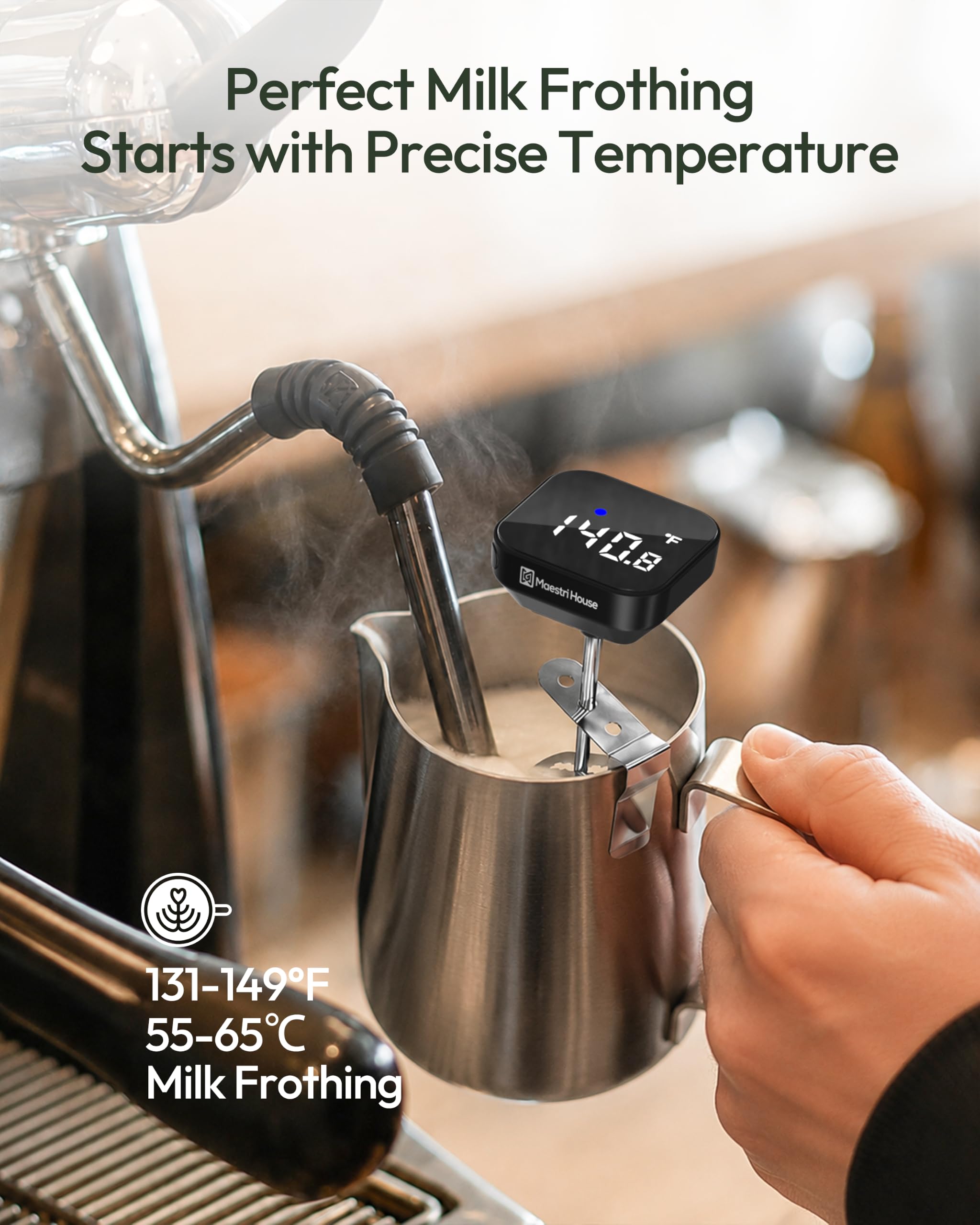 Maestri House Thermomètre de cuisson haute précision 0,1 °C/°F rechargeable avec mousseur à lait de 350 ml, grand écran LCD et clip amovible pour mousse de lait, café et confiture (noir)