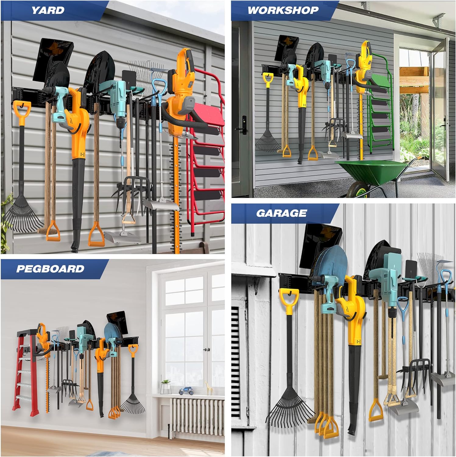 Sttoraboks Garage Tool Storage Rack, Heavy Duty Garage Storage Organizer Rack System Wall Mounted Tool with 6 double hooks, 2 rails