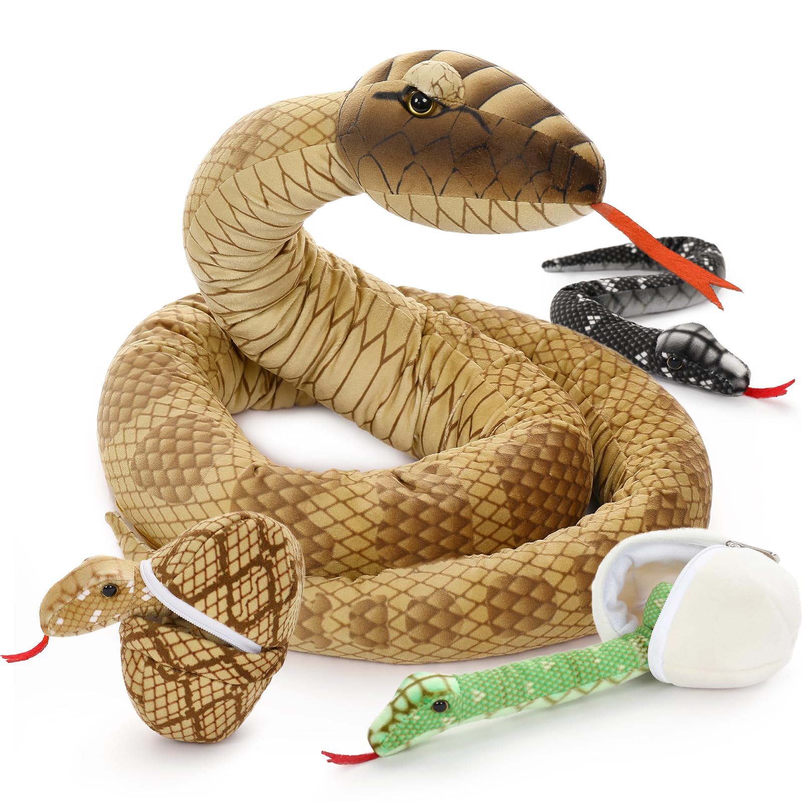 MorisMos Giant Snake Stuffed Animal Mommy with Babies, Realistic Stuffed Snakes Plush Toy, Long Boa Constrictor for Kids, Girls, Boys, Halloween, Brown, 80in