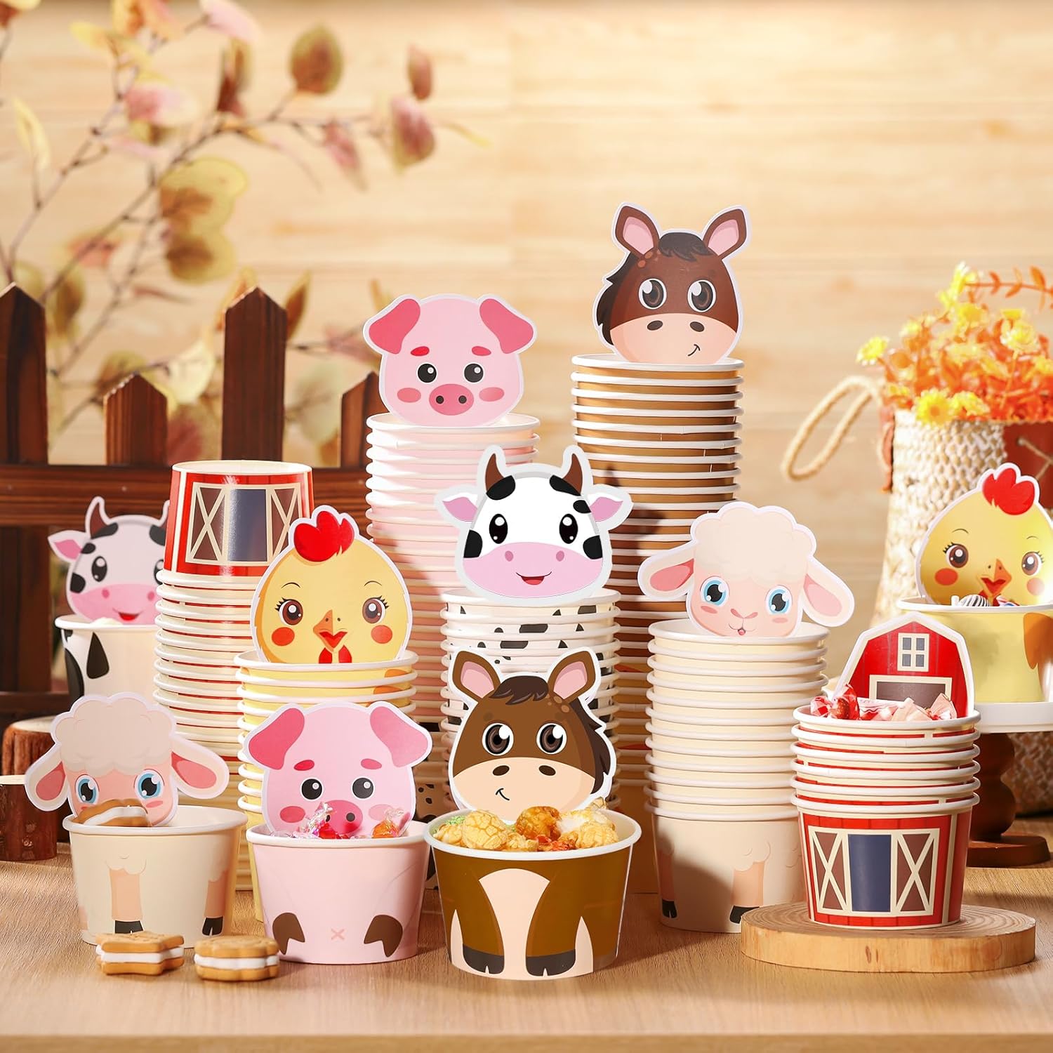 Qinyoung 120 Sets Farm Animal Birthday Decorations Farm Birthday Party Paper Snack Cups with Card 8 oz Disposable Paper Animal Food Bowls Treat Ice Cream Cups for Baby Shower Party Supplies