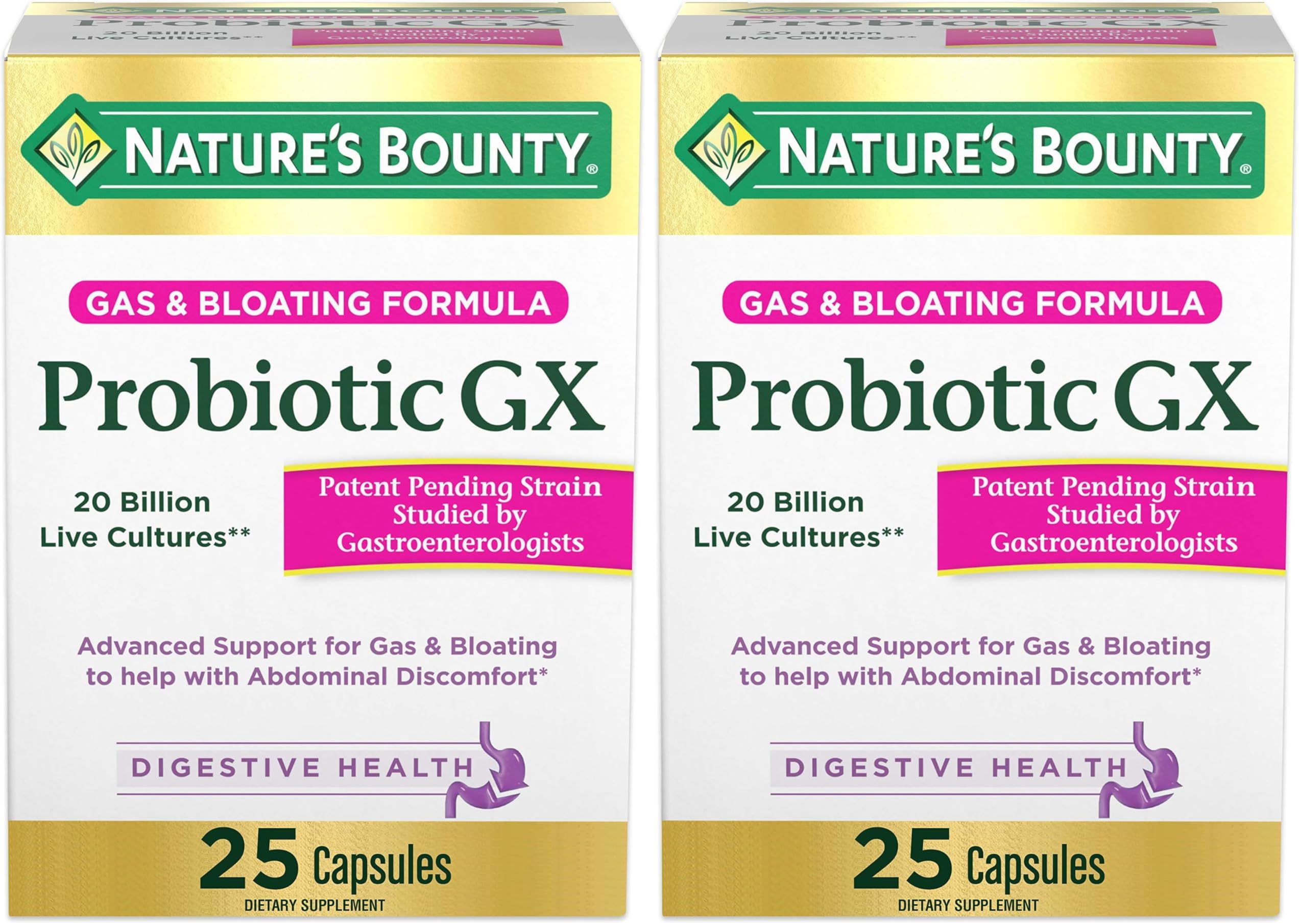 Probiotic, for Occasional Gas and Bloating Dietary Formula, Dietary Supplement, Helps with Abdominal Discomfort, Promotes Digestive Health, 25 Capsules (Pack of 2)