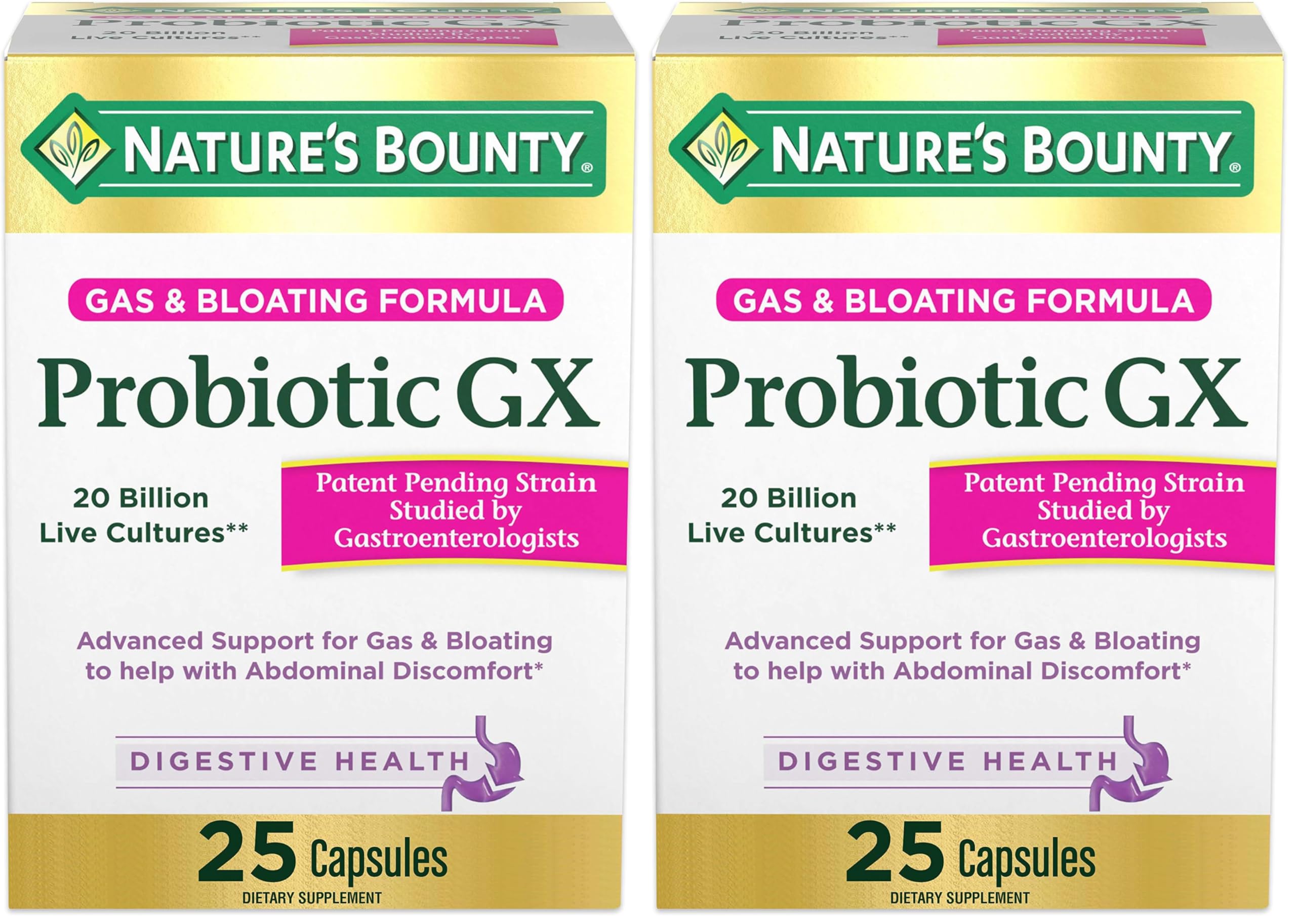 Nature's Bounty Probiotic GX, Helps with Occasional Gas and Bloating, Dietary Supplement, Digestive Health, 25 Capsules (Pack of 2) Unflavoured 25 Count (Pack of 2)