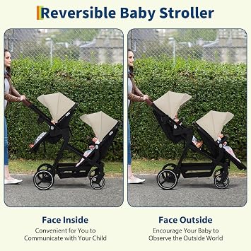 Takywep Collapsible Tandem Double Stroller for Infant & Toddler - Reversible Seats - 5-Point Safety Harness - Adjustable Backrest & Canopy - Large Storage Basket - Lightweight 2-Seat Stroller - Beige