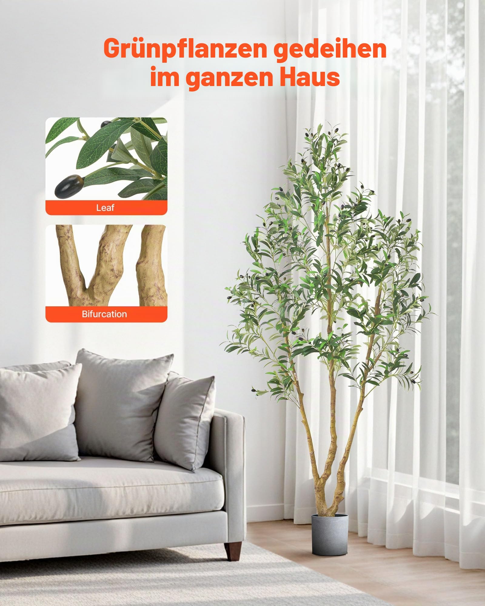 VEVOR Künstlicher Olivenbaum, 2,1 m, mit schwarzem Topf, Kunstbaum mit natürlichem Holzstamm & realistischen grünen Blättern & Früchten, Kunstpflanze für Innenbereich, Zuhause, Büro, Wohnzimmer