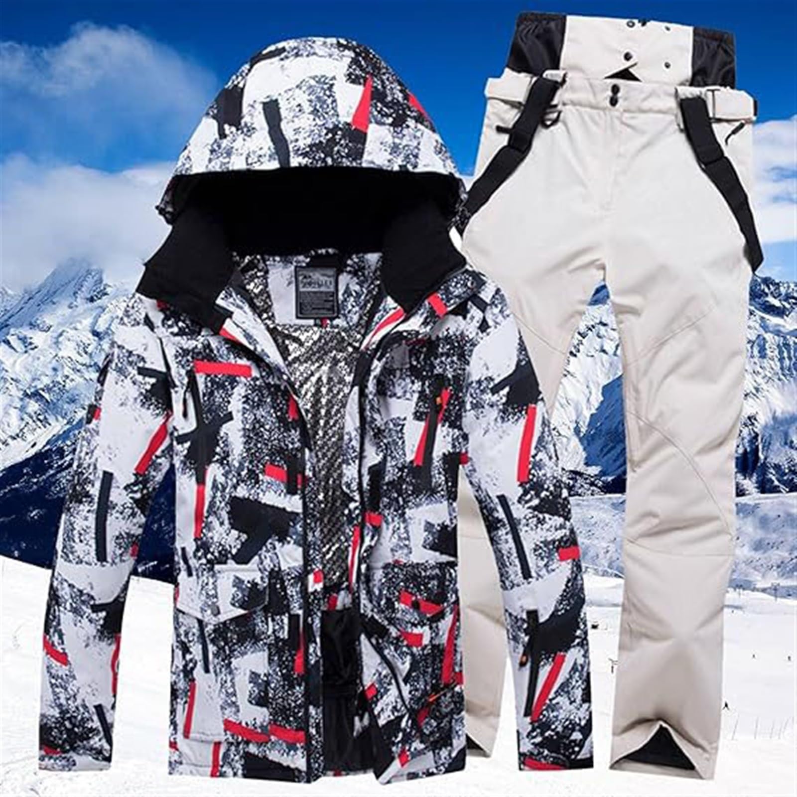 Completi Da Neve Da Uomo, Set Di Tute Da Sci Da Uomo Con Stampa Di Motivi A Strisce Alla Moda Con Cappuccio Resistenti All'usura Calde, Tuta Da Sci Impermeabile Antivento Ampia Moda