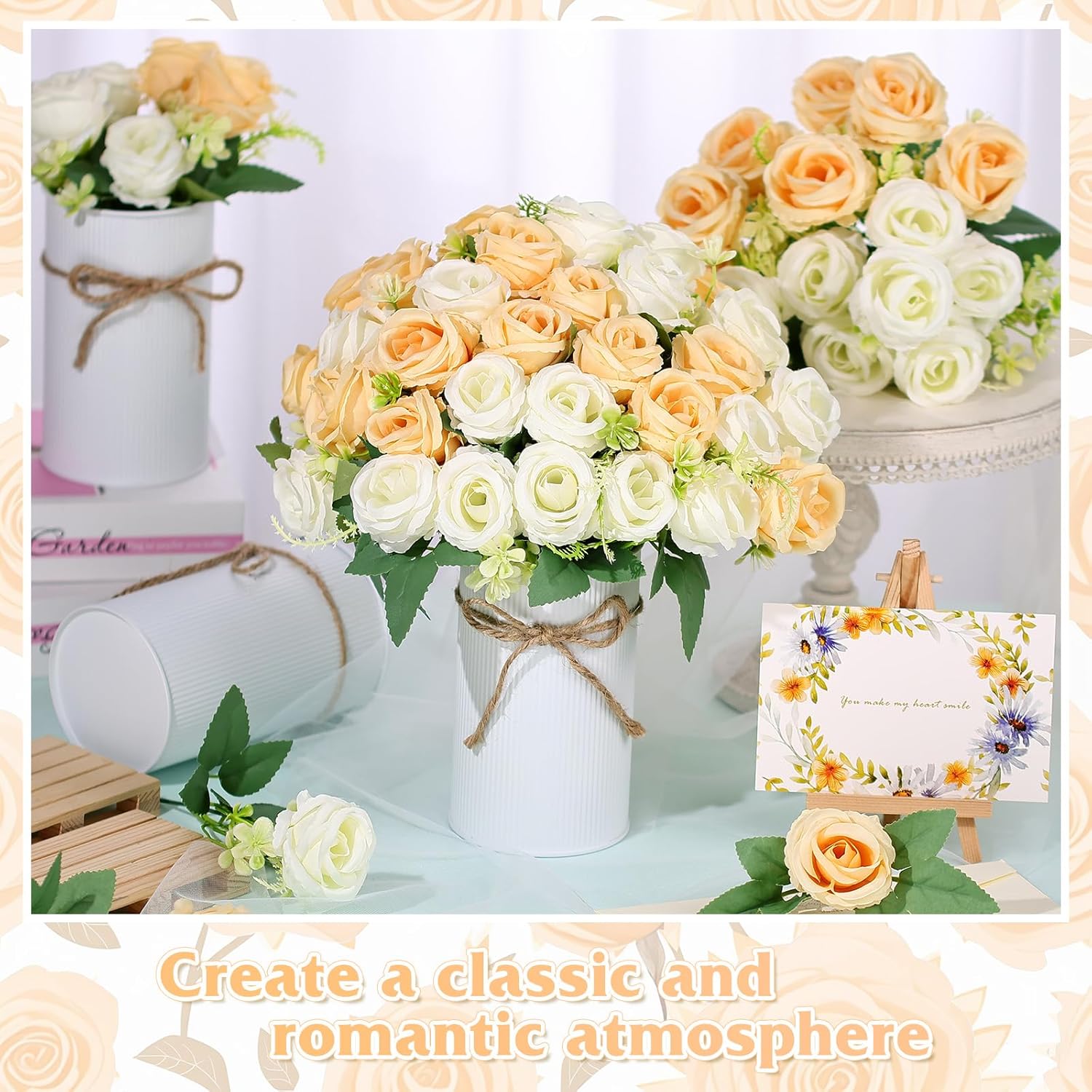 6 Set Wedding Centerpieces for Tables 12 Pcs Champagne and White Silk Rose Centerpiece Table Decorations with 6 Pcs 6 Inch Galvanized Vases for Bridal Shower Home Office Farmhouse Floral Arrangements - Image 7