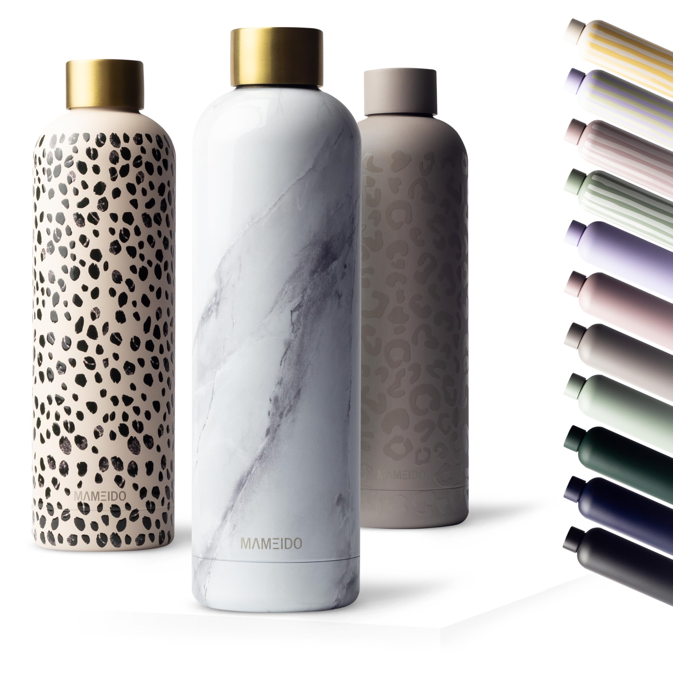 MAMEIDO Thermosflasche 1 l, auslaufsichere Trinkflasche Edelstahl, Kohlensäure geeignet, BPA frei, Isolierflasche 12h heiß & 24h kalt (White Marble Gold)