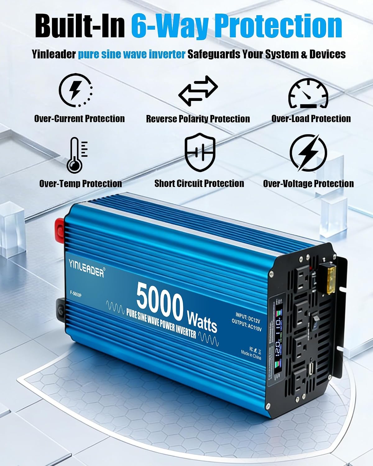 5000 watt Inverter Pure sine Wave Inverter 12V to 110V/120V Power Inverter, 10000W Peak DC to AC Inverter with LCD Display 4 AC Outlets,USB Port, Wireless Remote Control for Truck, RV, Solar Off-Grid