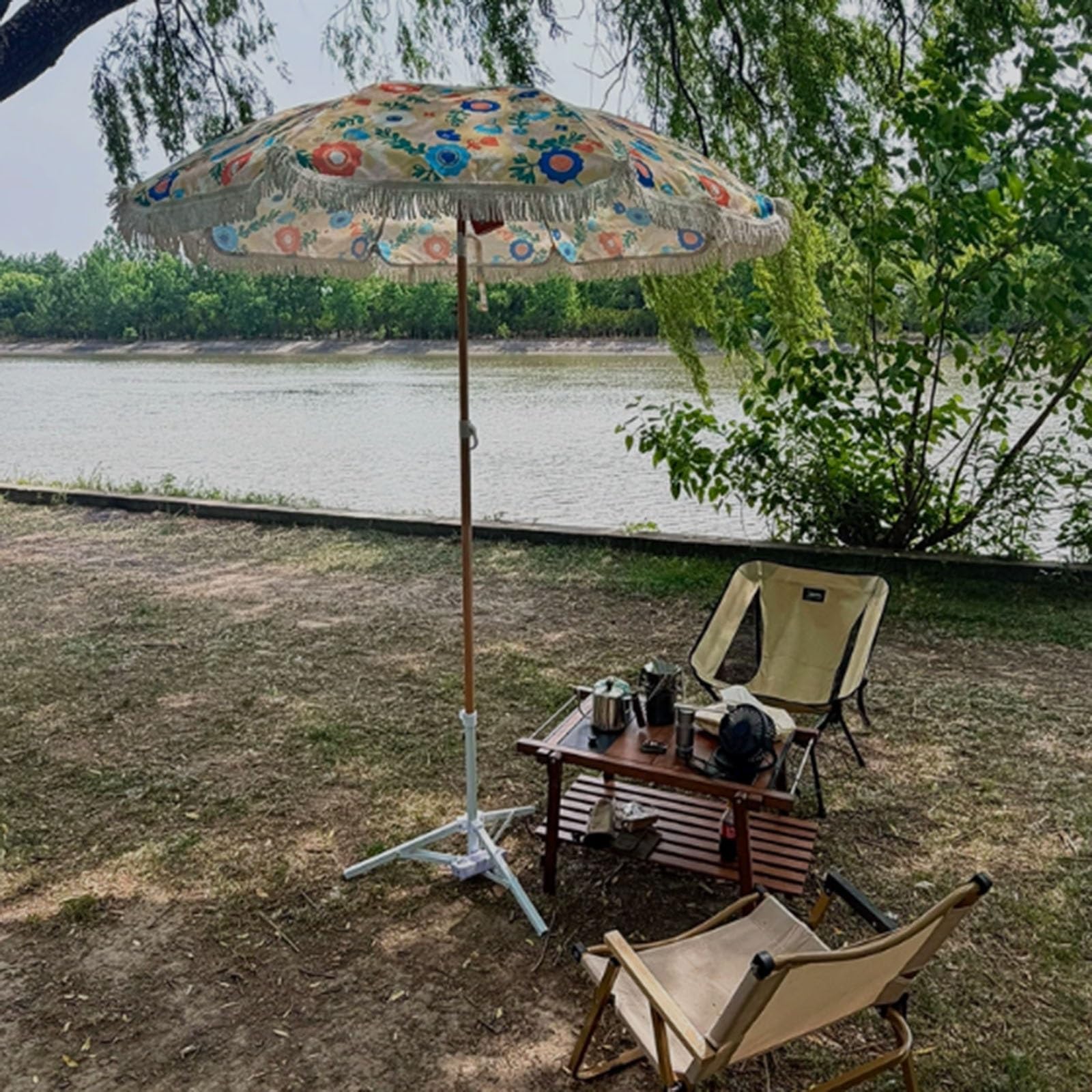 Parasol Ogrodowy Z Frędzlami O Długości 1,6 M, Stalowy Parasol Ze Środkowym Słupkiem, Wodoodporny I Chroniący Przed Słońcem Parasol Plażowy, Regulowany W Zakresie 180°.