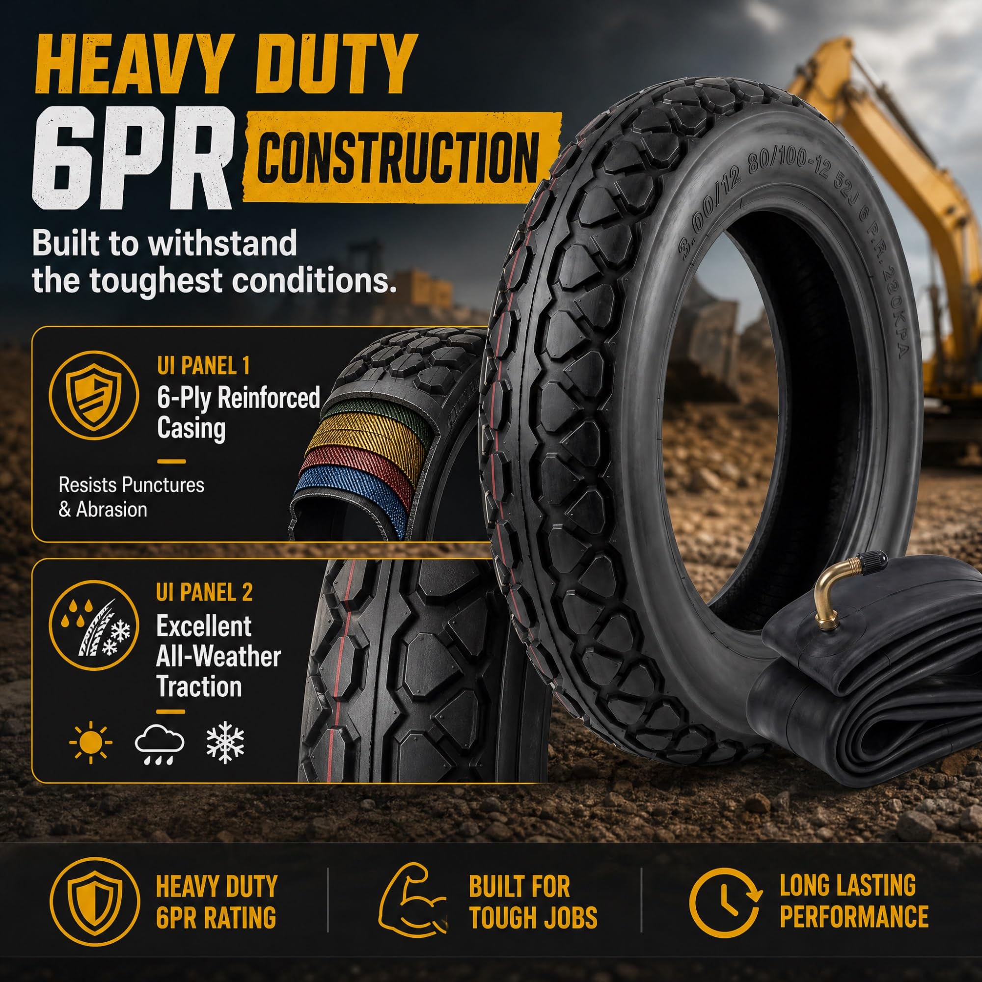 3.00-12 Pneumatico e Camera d'Aria Set di Ricambio, Copertone Stradale Rinforzato 6PR Heavy Duty per Dirt Pit Bike