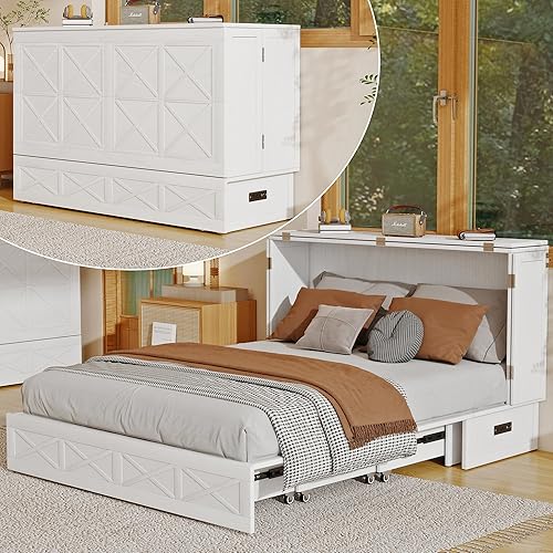Solid Wood Murphy Bed Cabinet：Queen Size Murphy Bed with USB Charging Station and Large Storage Drawer for Home，Optimize Sleeping Space（Mattress Not Included） Diamond Ivory White-22