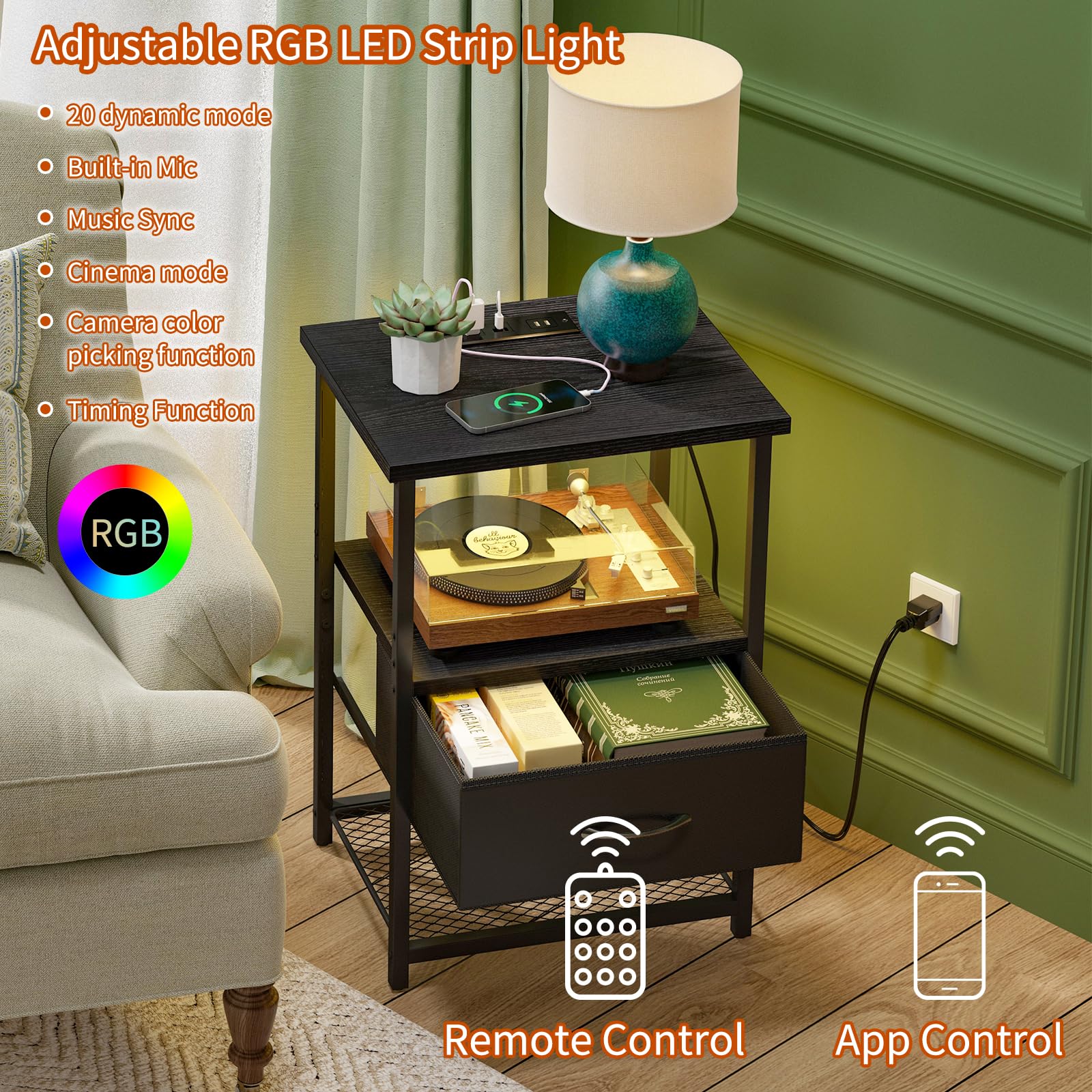 Mesita de noche con estación de carga, mesa auxiliar LED con cajones de tela con acabado de poliuretano, mesas auxiliares para dormitorio, mesita de noche, color negro 4