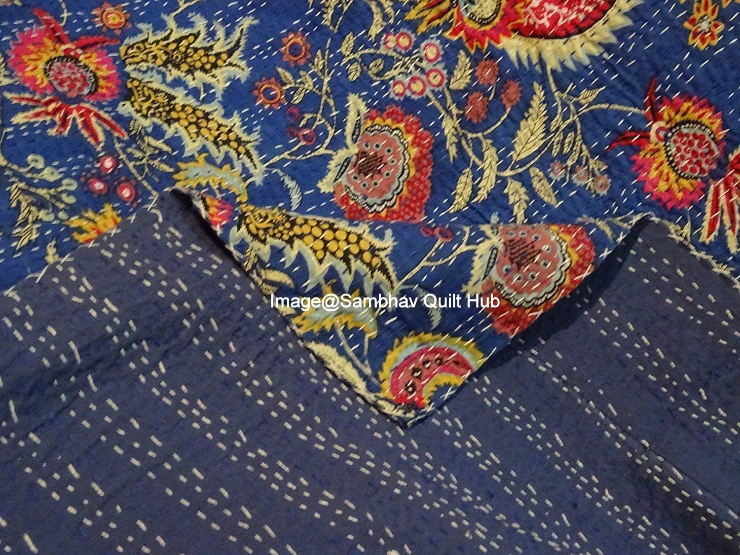 Blue Mukut Print Cotton Handmade Patchwork Quilted Blanket Indian Cotton Spread Kantha Floral Print Work Bohemian Bed Decor Block Throw Blanket Twin/King/Queen (60X90 inch)