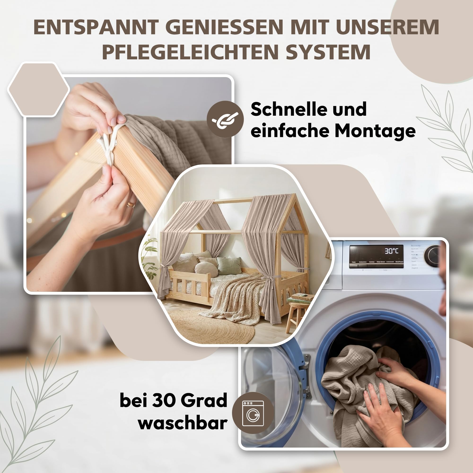 Hausbett Himmel Kinder Betthimmel Kinderbett mit 3m Wimpelkette, Hellgrau | Betthimmel Hausbett aus 100% Baumwolle Musselin - Stoffhimmel für Hausbett Deko Mädchen & Jungen - Himmel für Hausbett Kinder