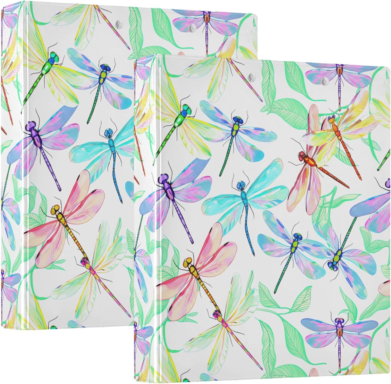 Watercolor Pastel Dragonflies 3 Ring Binders, 1.5” Round Ring Binders with Clipboard - Letter Size, 3 Interior PVC Clear Pockets & Anti-Slip Clip for Office School Supplies, 2PCS
