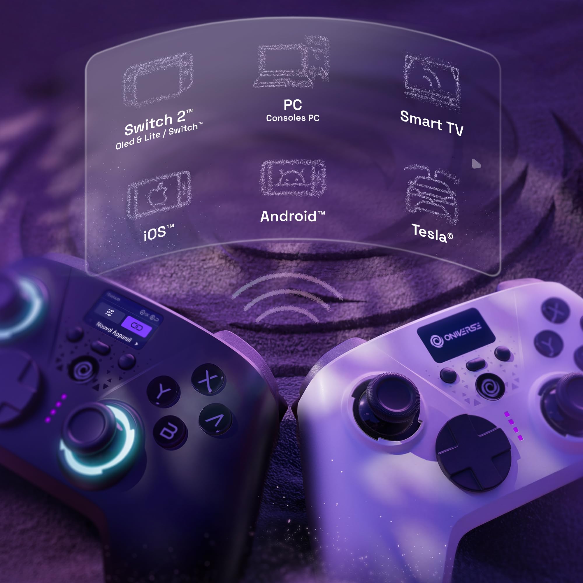 Oniverse Manette sans fil pour Switch 2/Switch/OLED/Lite/PC/Mobile, Écran intégré, Joysticks et gâchettes Hall Effect, 11h, Tactile switch D-pad, Boutons macro arrière mécaniques - Aura (Void Black)