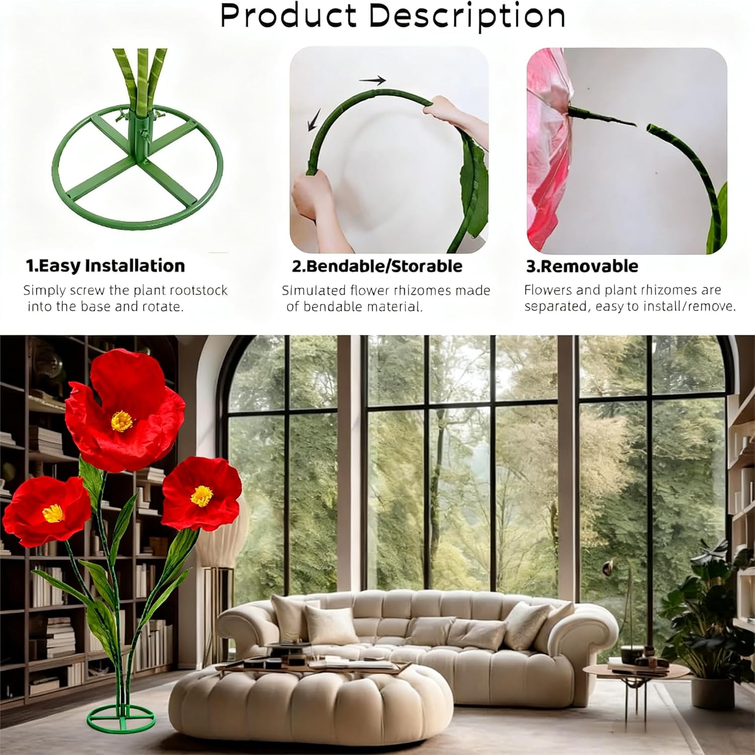 Giant Fake Artificial Flowers Decoracion Set - 5.9 Ft Adjustable Waterproof 3D Paper Faux Large Flowers Decor for Birthday Party Garden Office Home Wedding Christmas Shop Window Display (Red)