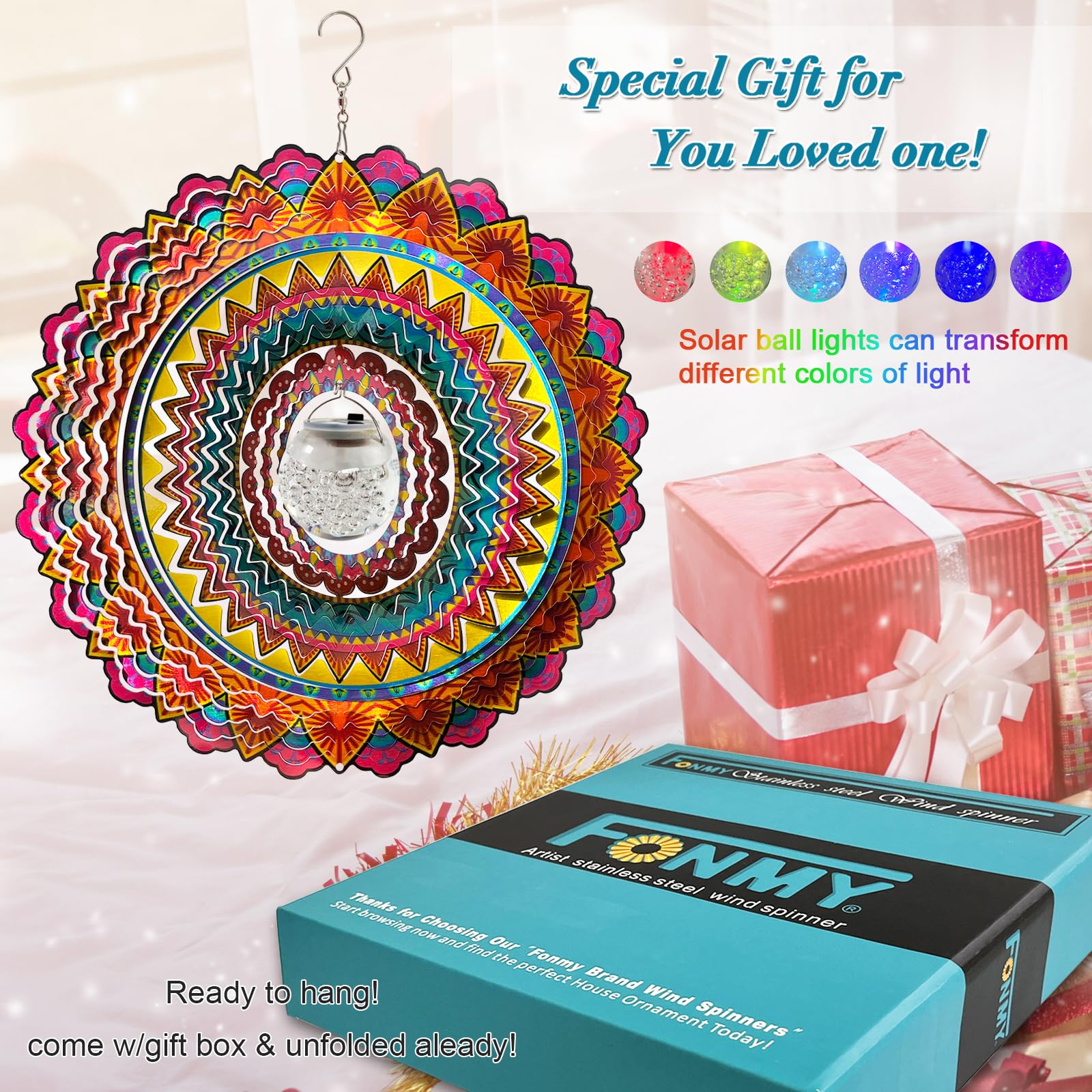 FONMY Solar Wind Spinner Mandala Flame 3D Stainless Steel Hanging Wind Spinners Worth Gift Christmas Decoration Indoor/Outdoor Garden Décor Kinetic Yard Art 12 Inches Multi Red Wind Sculpture