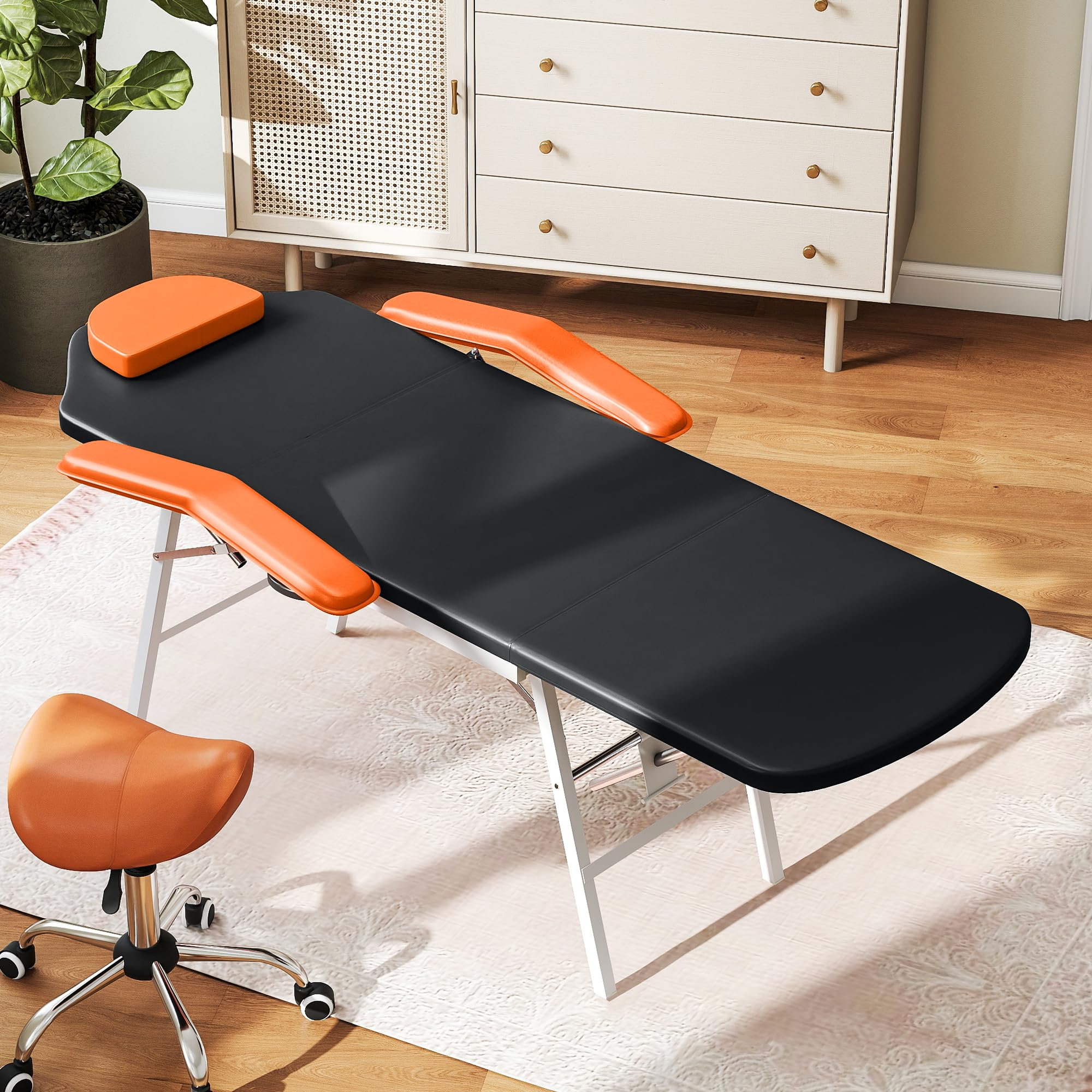 HOMCOM Camilla Masaje Plegable Portátil Camilla Estética Profesional de 3 Zonas con Respaldo Soporte para Piernas Ajustables Reposacabezas Extraíble Reposabrazos Acolchados para SPA 182x82 cm Naranja