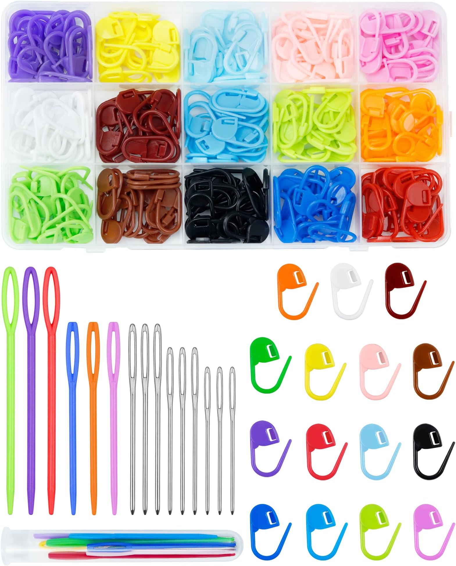 FIVEIZERO 220/900 Pieces Stitch Markers,with 15 Pcs Large Eye Blunt Sewing Needles,Colorful Crochet Stitchs Markers for Knitting Stitch Locking Clips Crochet Pins with Storage Box