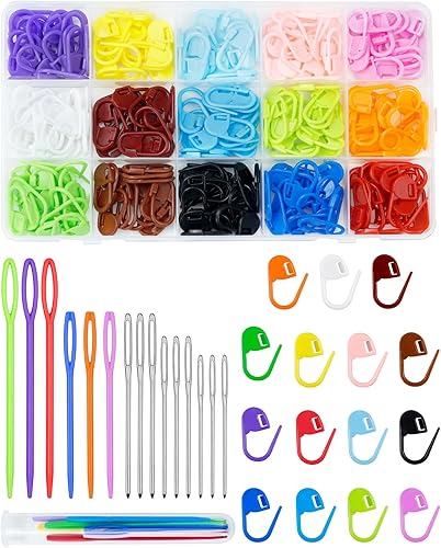 FIVEIZERO 220/900 marcadores de puntada, con 15 agujas de coser romas de ojo grande, marcadores de puntos de ganchillo coloridos para tejer, clips