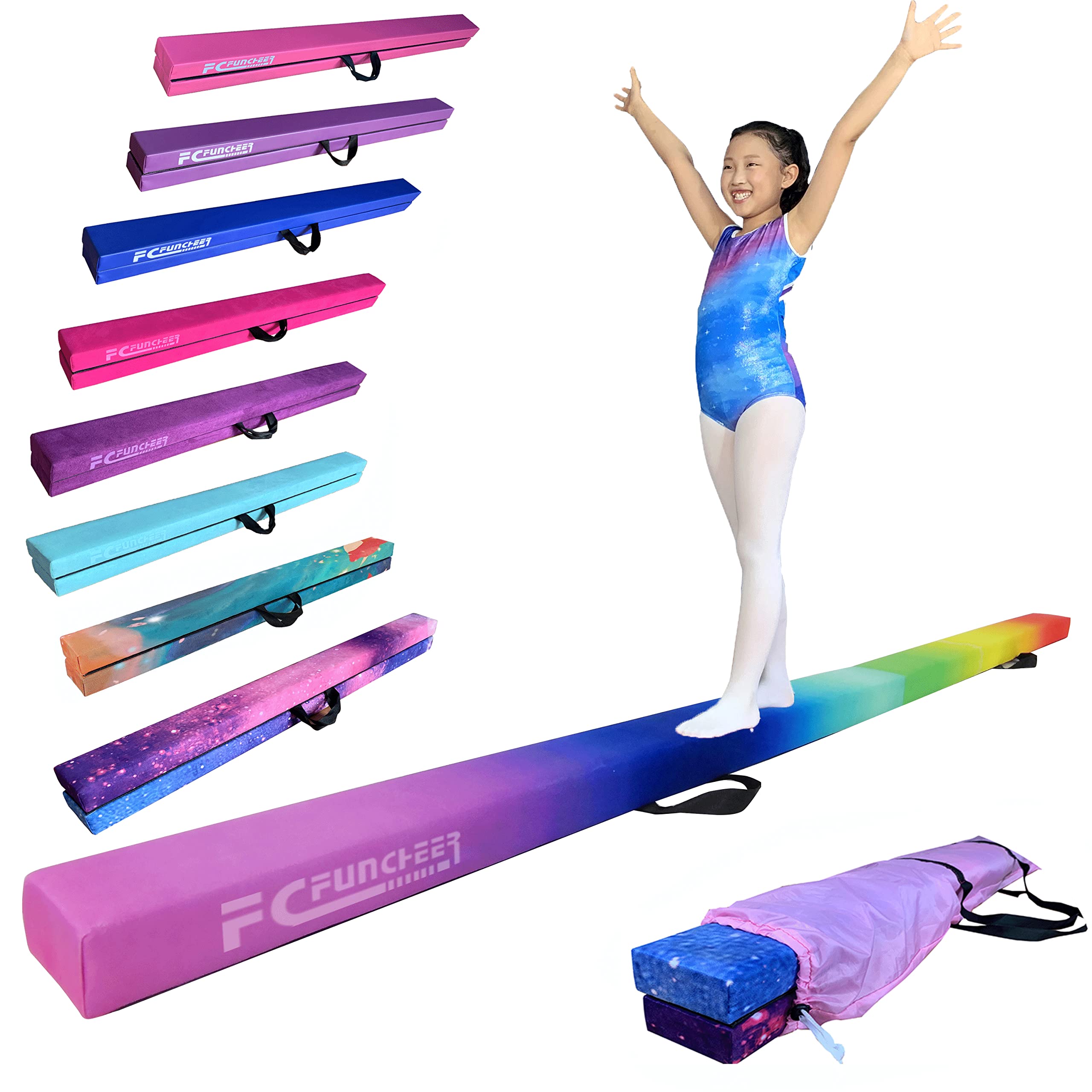 FC FUNCHEER 8FT Folding blance Beam Gymnastics Beam Wood core Floor Beam Extra Firm Faux Suede Cover Anti-Slip Bottom Stainless Hinge with Carrying Handles and Carrying Bag for Home