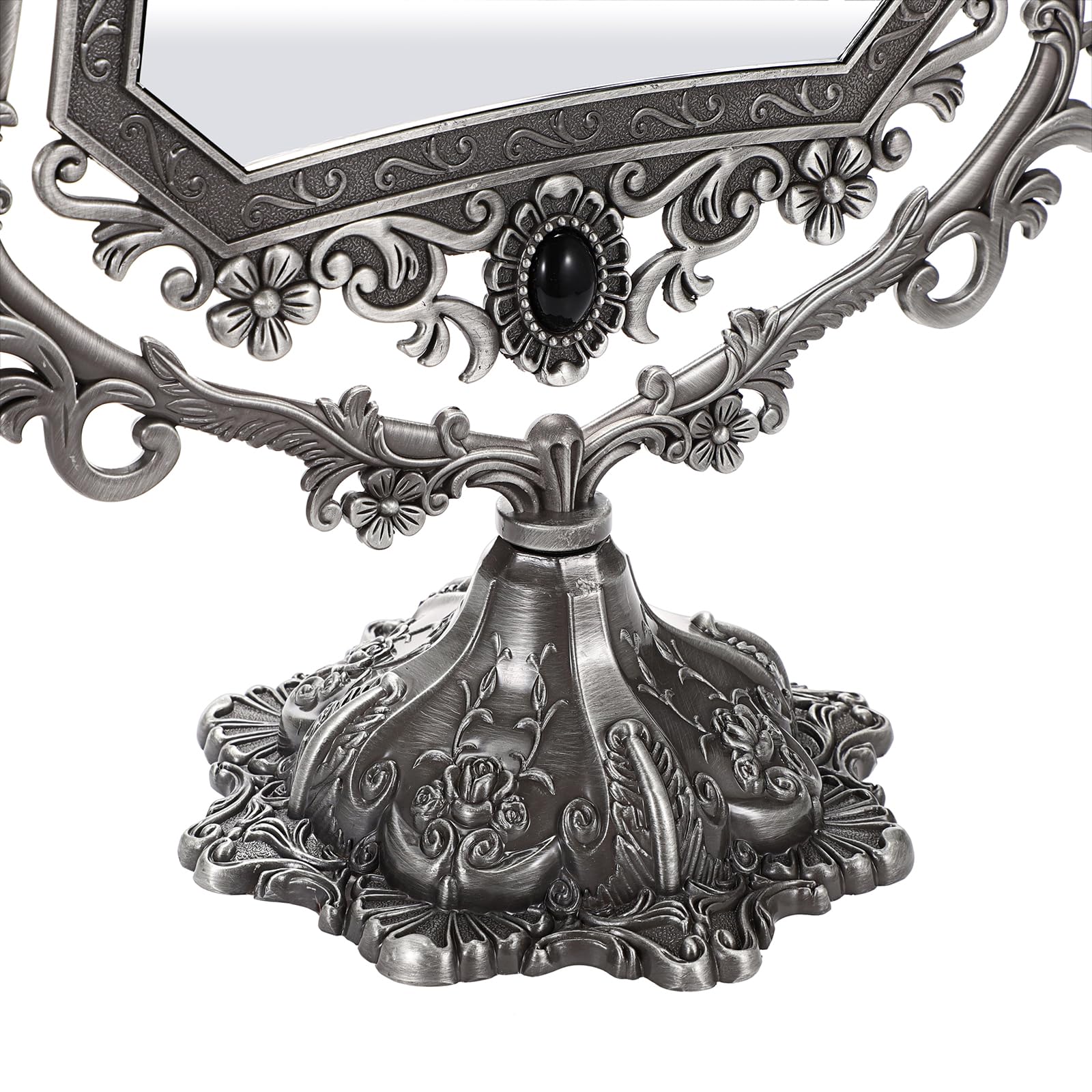 JUXYES Espejo de maquillaje decorativo antiguo de metal con soporte, espejo cosmético de doble cara giratorio de 360° con marco, espejo mágico de escritorio retro para tocador, plateado
