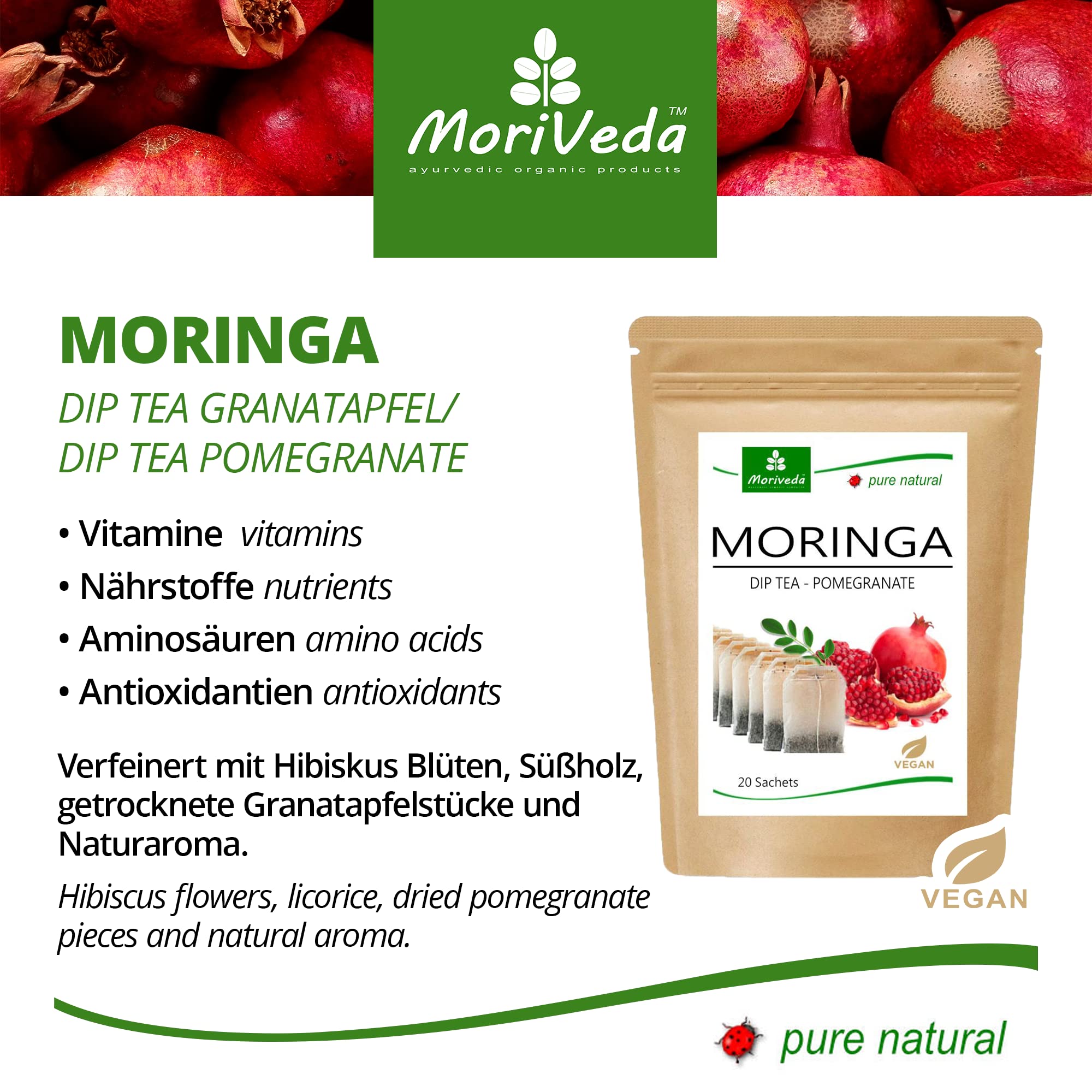 Tè Moringa 100% naturale e vegano (a scelta mix di erbe, mela cannella, melograno, zenzero, menta). Qualità 1A (20 bustine di tè Moringa-Melograno)