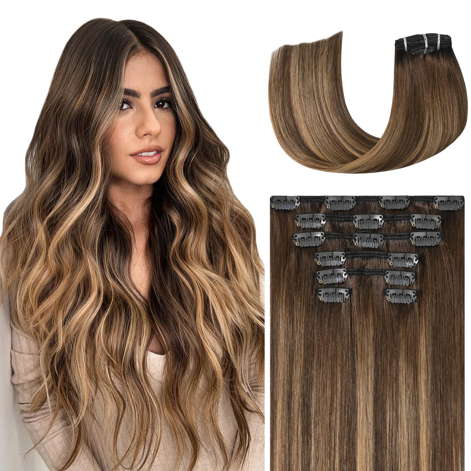 WindTouch Clip in Hair Extensions Human Hair, 15 Inch 75g #4 Medium Brown Hair Extensions for Women Real Human Hair Clip in, Remy Human Hair Extensions Clip ins, Soft Natural Straight — view 15