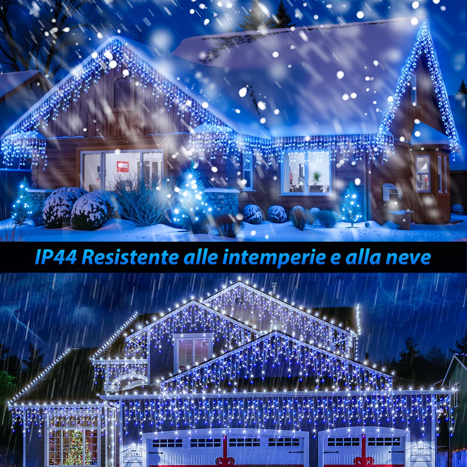 Tenda Luci Natale Esterno Cascata - 10M Catena Luminosa Esterno Blu e Bianco fredda con Telecomando Timer IP44 Impermeabili 8 Modalità Decorazioni Natalizie Luci Natale Esterno Cascata Balcone Casa