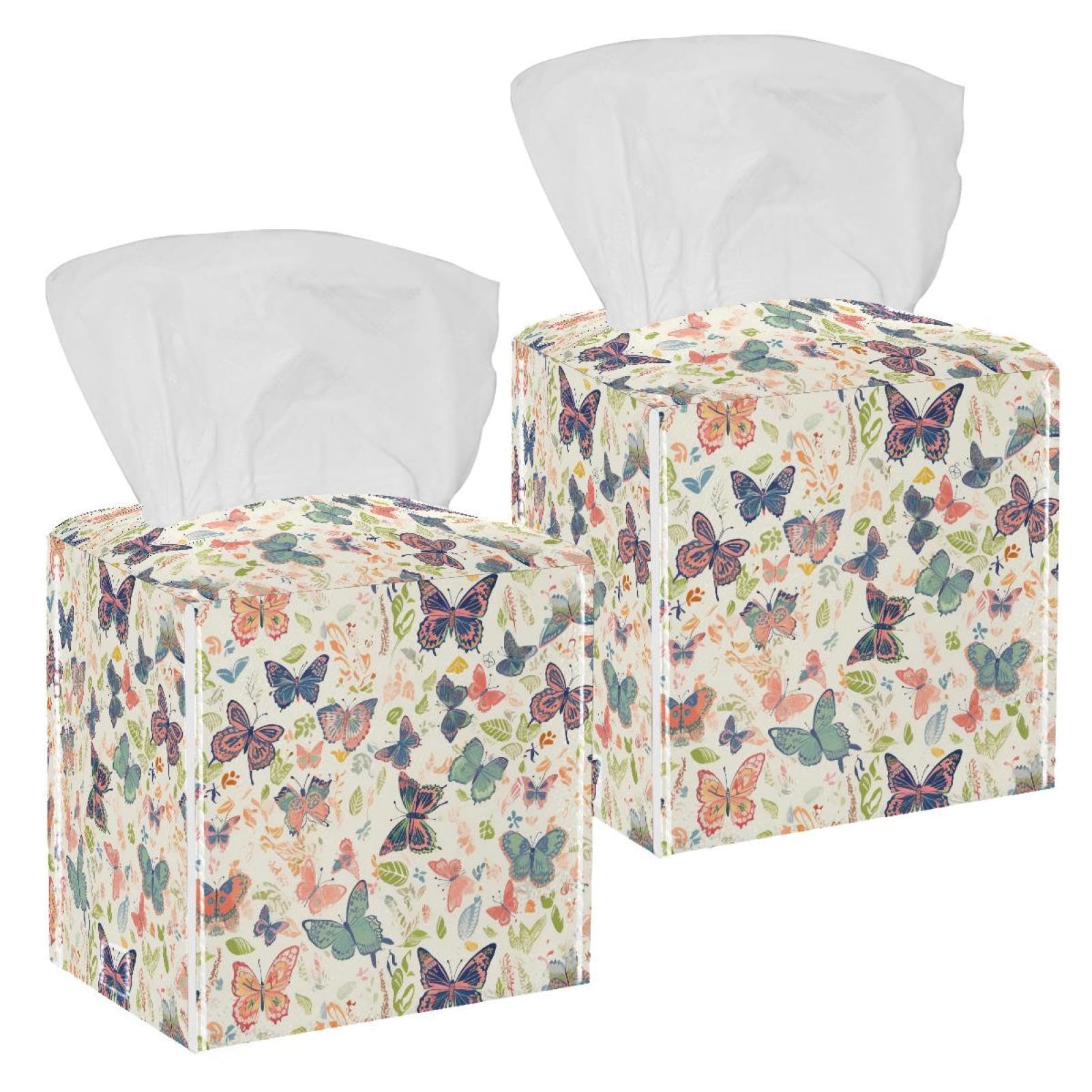 Aesthetic Butterflies Tissue Box Cover, 2 Pack PU Leather Square Facial Tissue Dispenser Box holder for Home Office Car