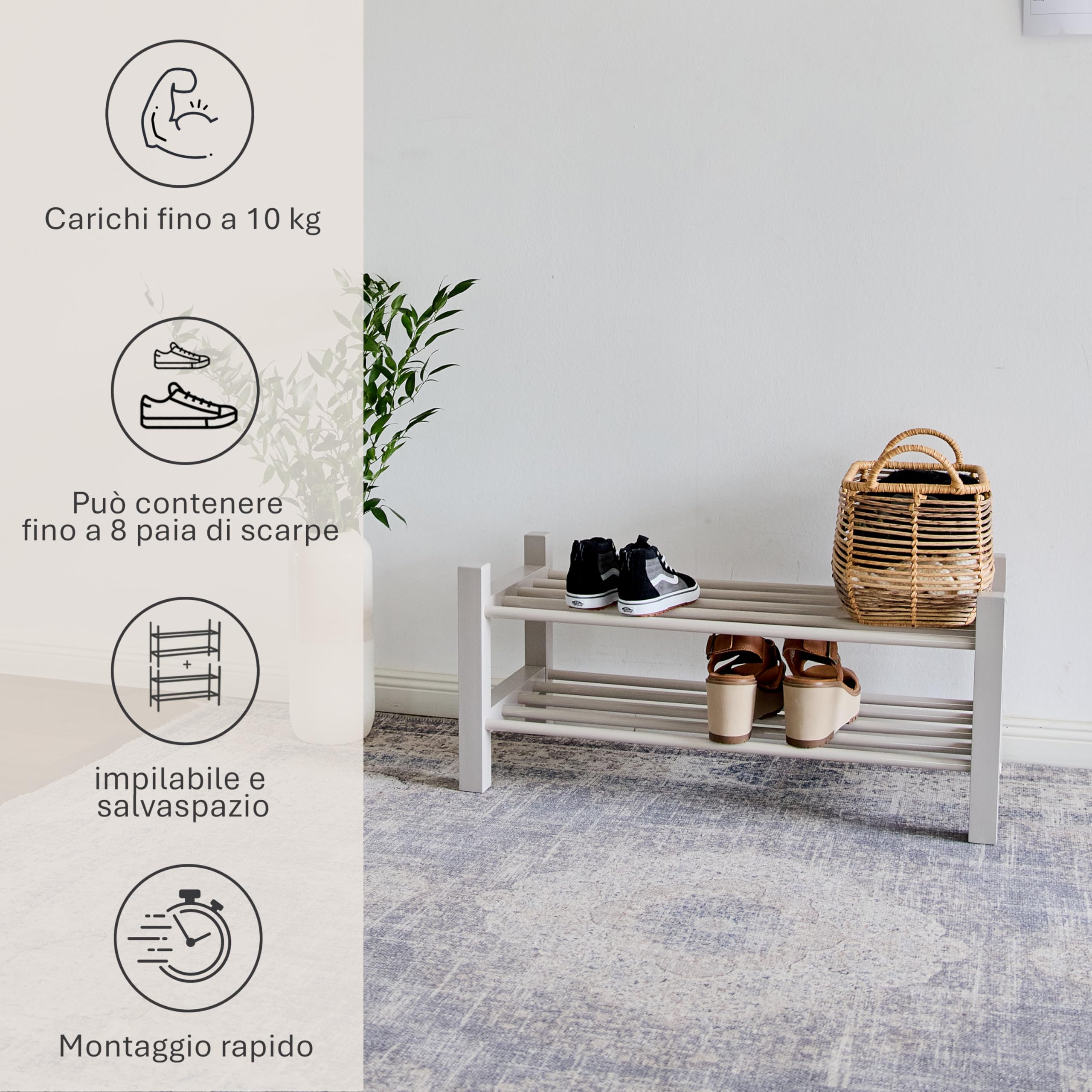 LOVE IT STORE IT - Scarpiera in metallo e legno per un massimo di 8 paia di scarpe - Custodia per scarpe su 2 livelli - Robusta - Grigio - Larghezza 70 cm