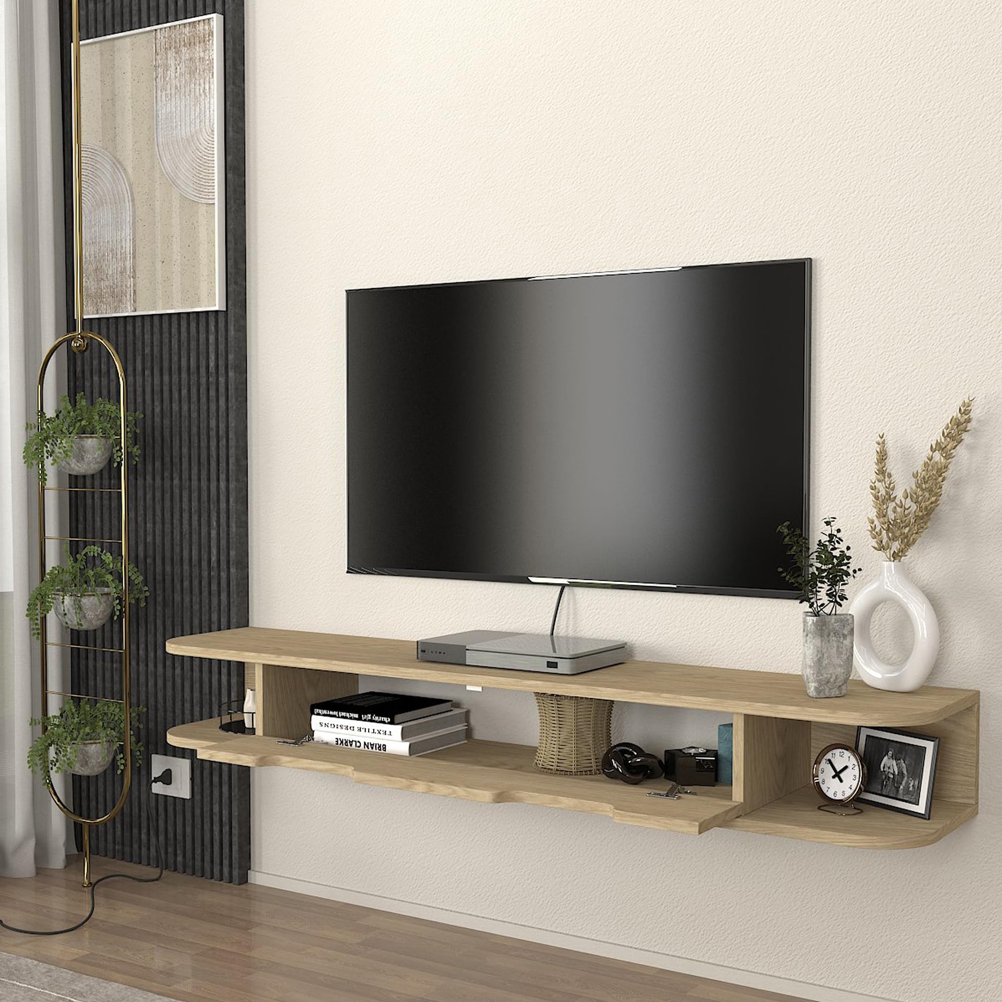 [en.casa] Mobile Porta TV da Parete con Anta a Ribalta e 2 Ripiani Mensola Sospesa con 3 Scomparti Vani Stand Multimediale Fori Passacavi 150 x 30 x 19 cm - Effetto Rovere