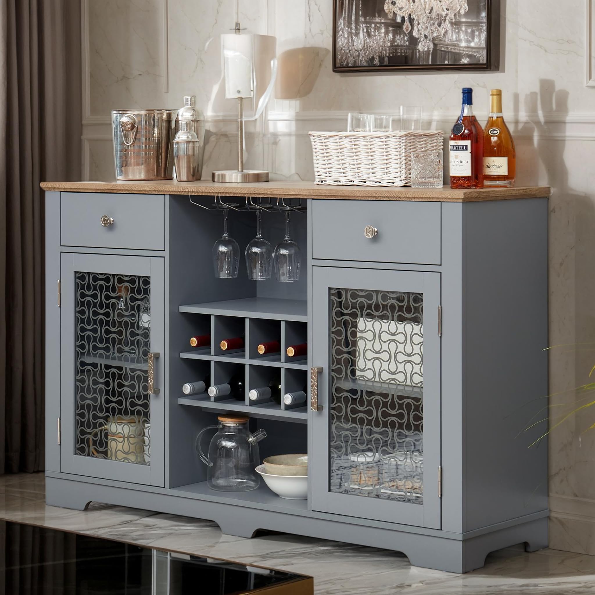 CKEASEAN Modern Wine Bar Cabinet with Tempered Glass Doors, 56" W Buffet Cabinet with Wine Rack & Drawers, Farmhouse Coffee Bar with Intricate