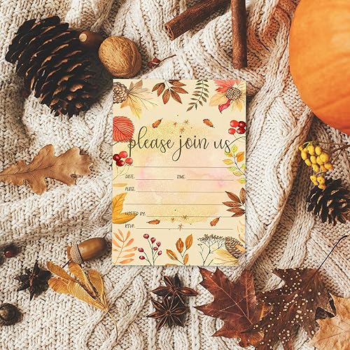 Miniatura 4 de AnyDesign - Invitaciones vintage de otoño, 25 juegos de tarjetas de invitación de otoño con sobres, calcomanías de acuarela botánica en blanco para