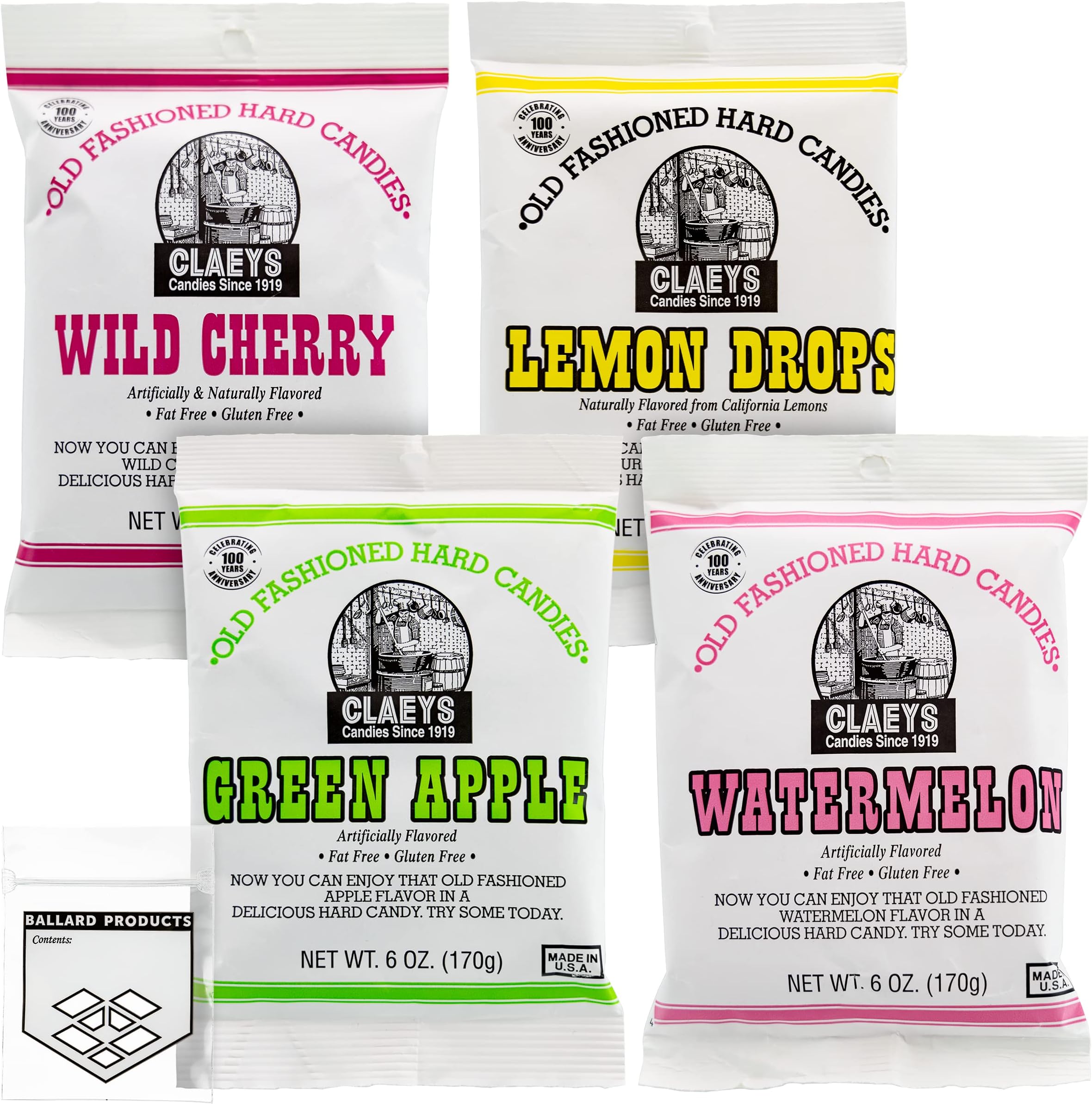 Claeys Old Fashioned Hard Candy Variety Pack - Lemon Drops, Watermelon, Wild Cherry, Green Apple - 4 Bags, 6 Ounces