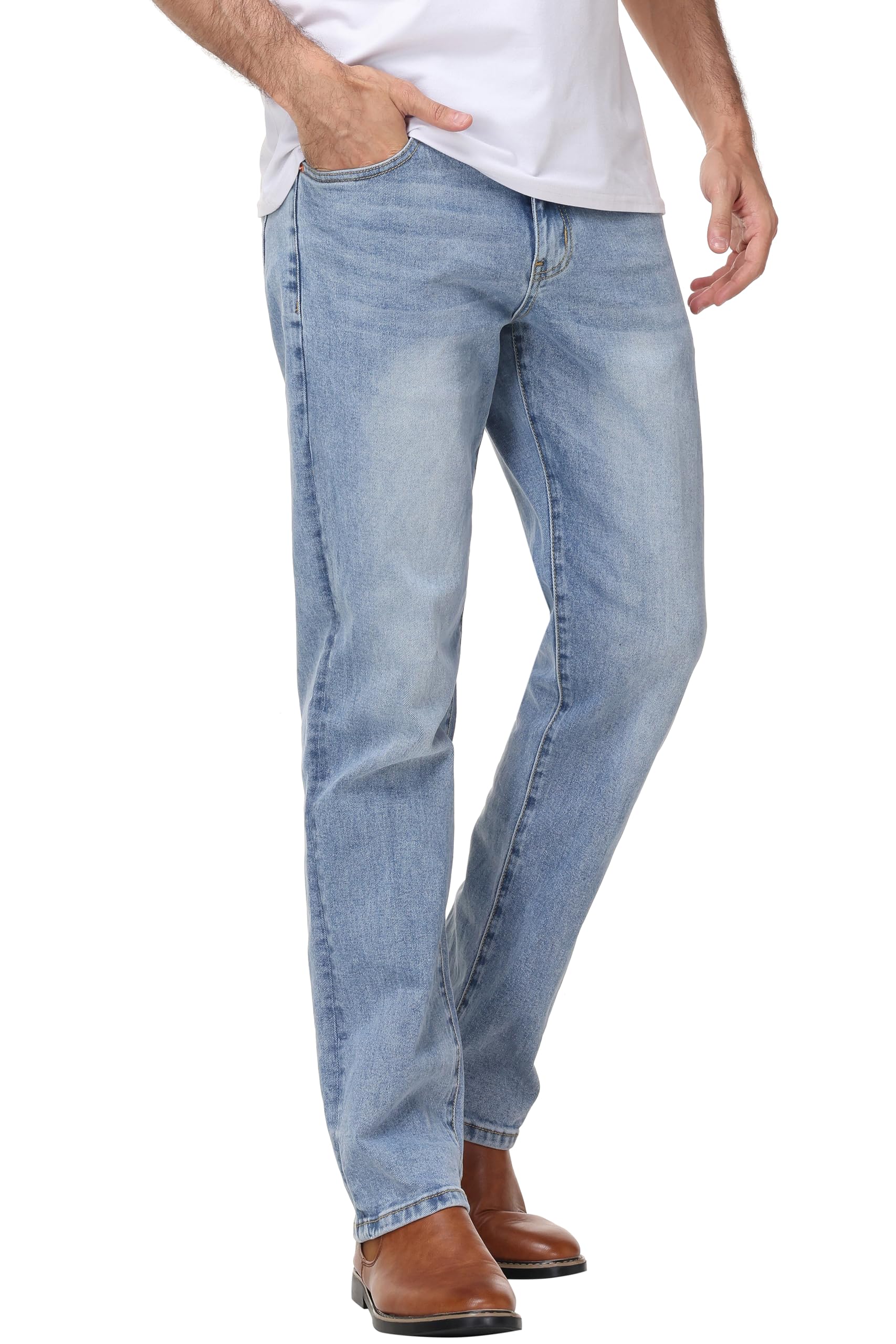 Mens Regular Fit Straight Leg Jeans - Comfort Stretch Cotton Denim Pants for Daily Work and All Season