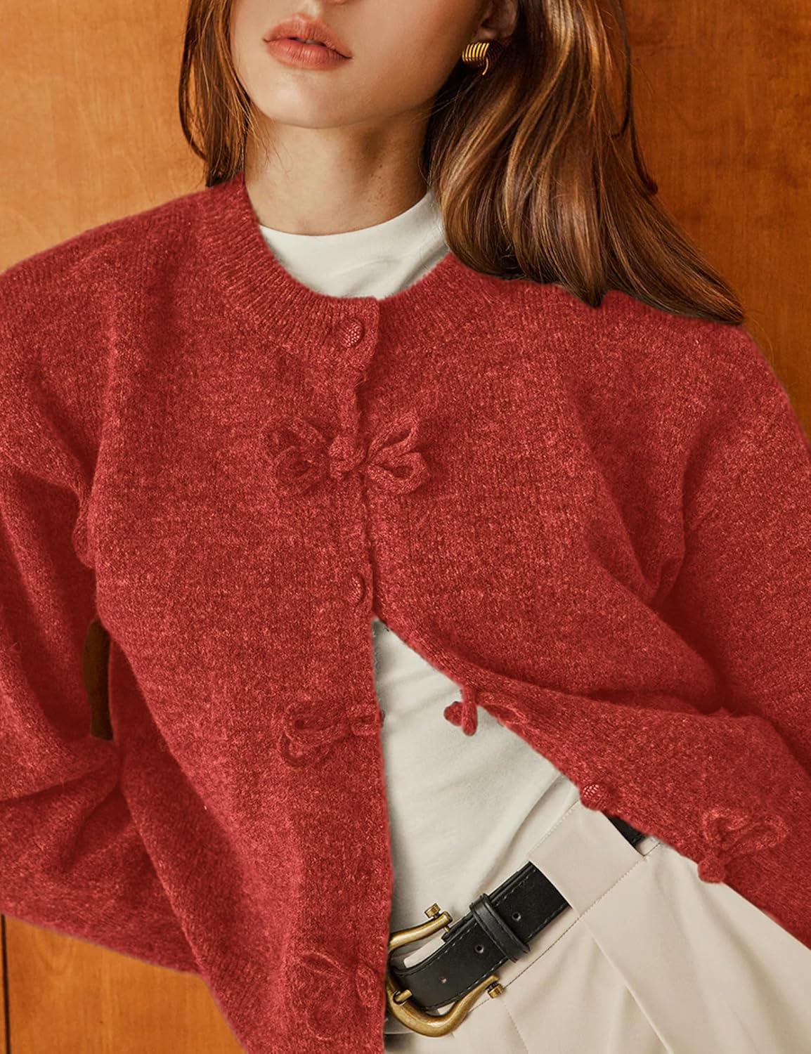 Women's Bow Knot Cardigan Crew Neck Long Sleeve Button Down Knit Cropped Sweater Tops - Image 2