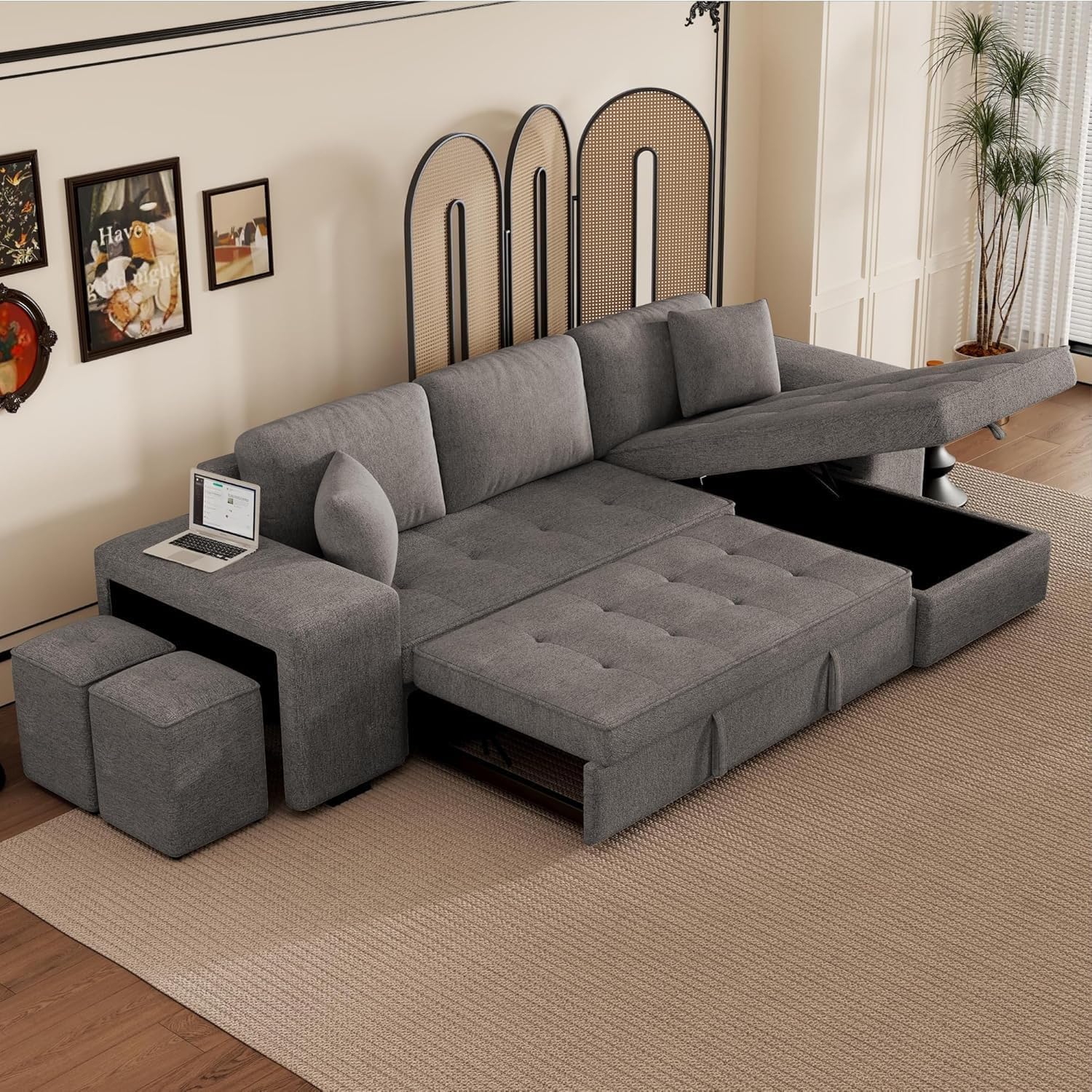City Wood Palace Juana 6 Seater L Shape Sofa Cuma Bed with Storage 2 Puffy Grey-RHS | 6 Seater Sofa with Storage Chaise Stools-2 | Corner Sofa Cumbed for Home Festival Gift