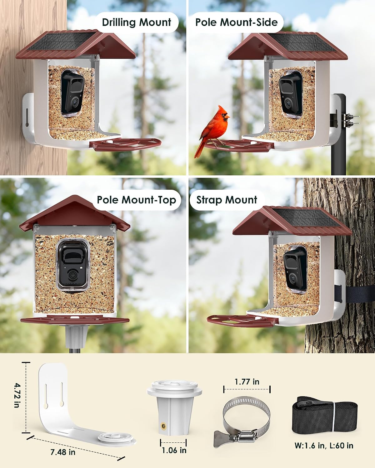 Bird Feeder with Camera Solar Powered, 2K Live Arrival Alert Auto Capture Video with 32GB TF Card, AI Identify Smart Camera Bird Feeder Ourdoor Backyard Gift for Mom Dad Birdlover, 2.4G WiFi