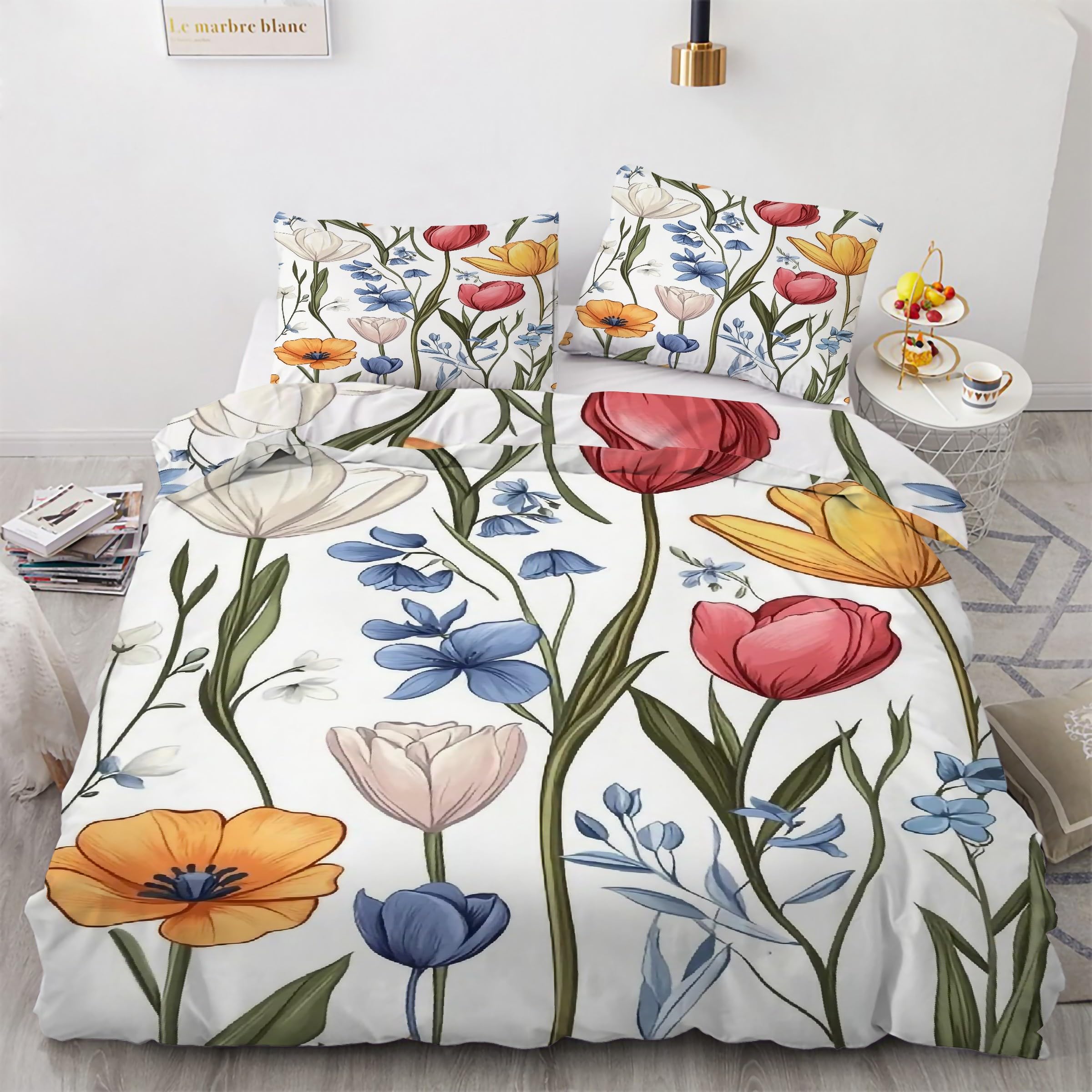 Housse couette microfibre douce 160x200 parure lit tulipe facile à laver