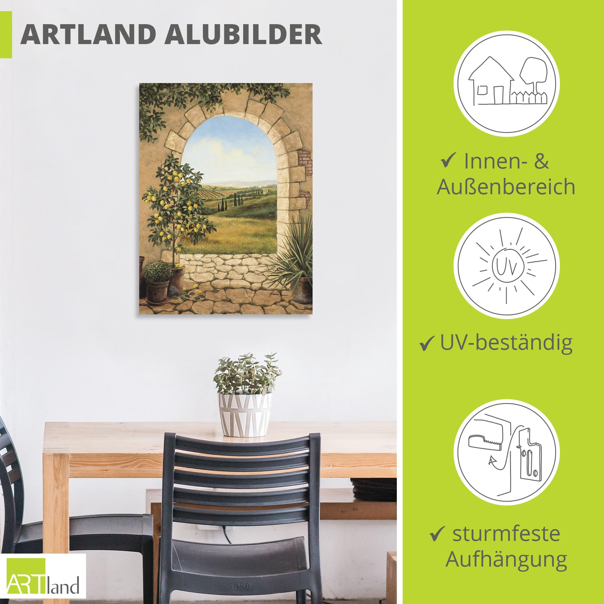 ARTland Wanddeko Wandbild Alu Verbundplatte für Innen & Outdoor Bild 45 x 60 cm Landschaften Fensterblick Malerei Creme Zitronenbaum vorm Torbogen A7CU