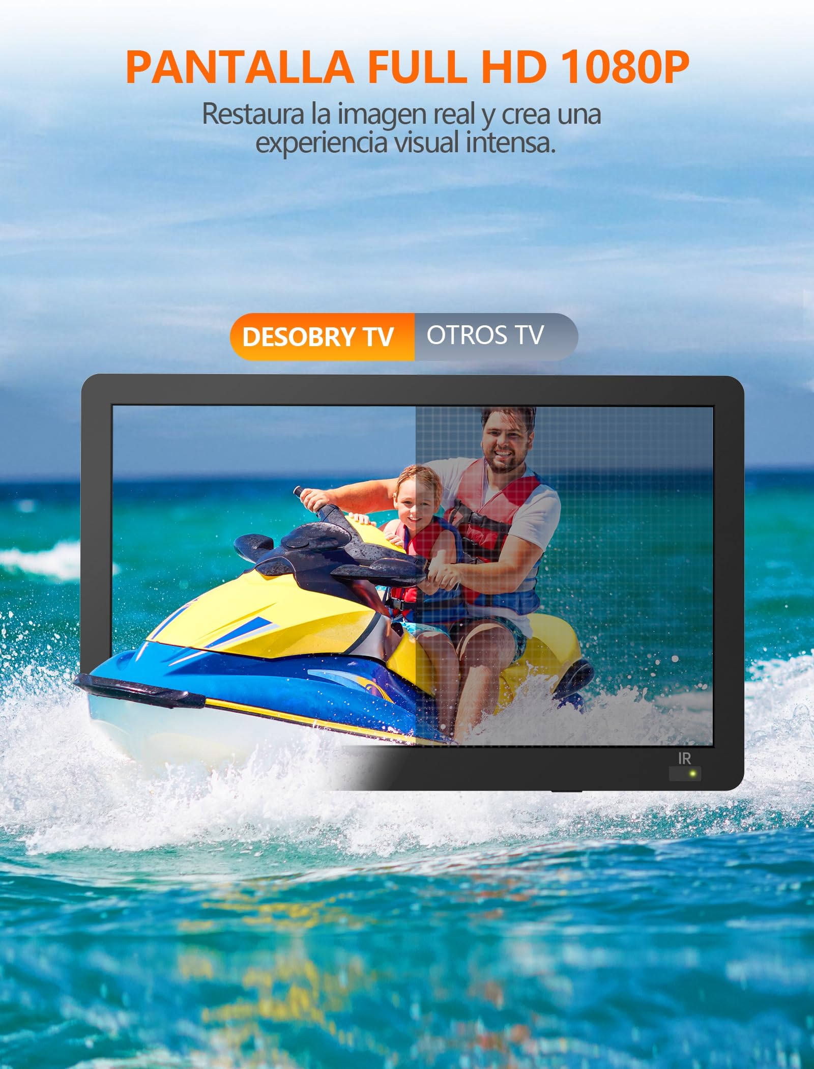 Desobry Televisores portátil de 14,2 Pulgadas, 1080P Recargable TV pequeña con Antena y sintonizador DVB-T2, al Aire Libre con Soporte de Entrada HDMI/USB/AV, TV pequeñas para Cocina